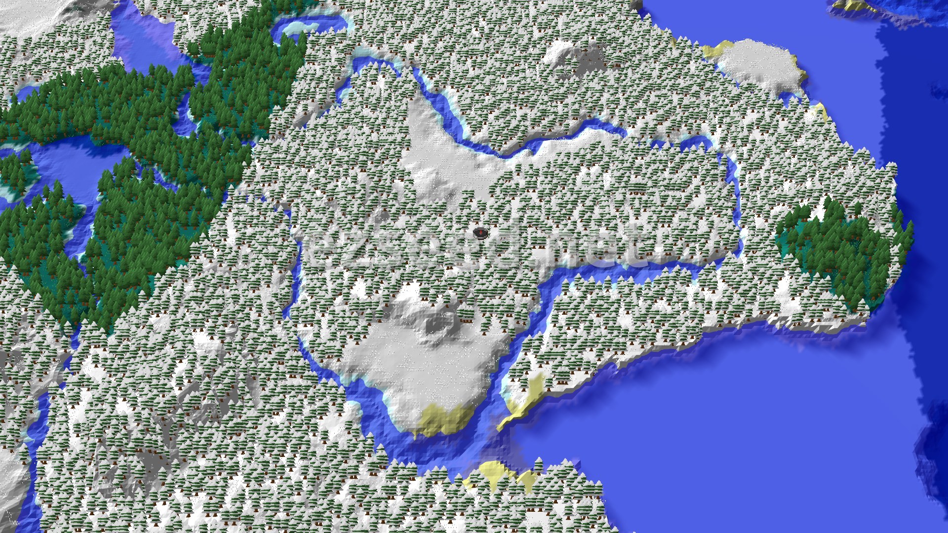 An overhead 3D view of a snow-covered taiga forest with many spruce trees, a few patches of clear snow, and bodies of water, with a small spawn marker in the center.