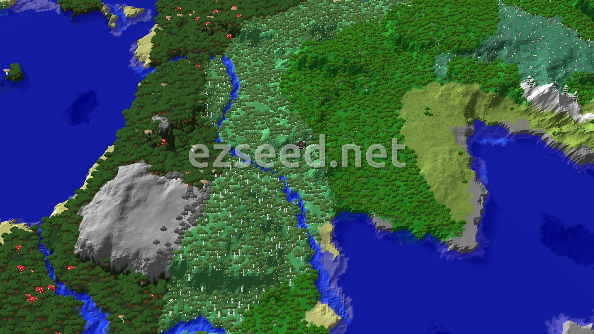 An aerial view showing a dense forest landscape with a river winding through, leading to a large ocean. There are also distinct patches of lighter green vegetation and some rocky terrain, with a small spawn marker in the center.