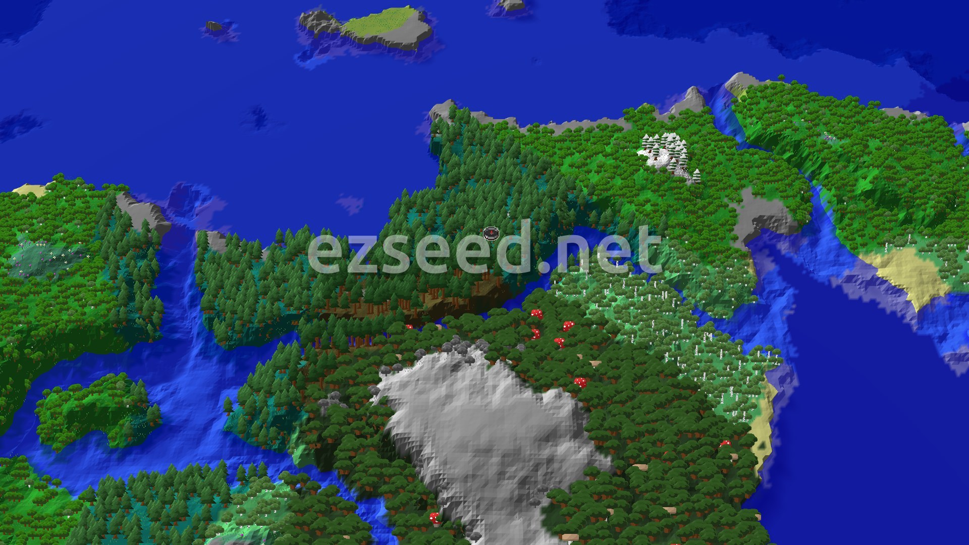 Aerial Minecraft seed map — Taiga Spawn with Lush Caves and Nearby Structures