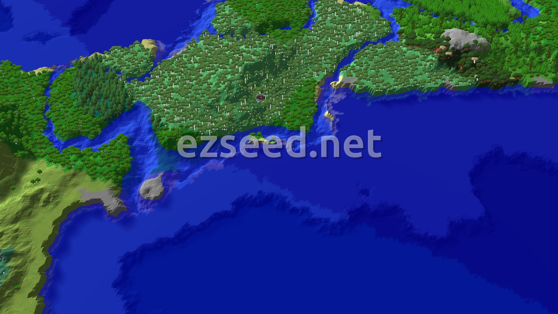 Aerial Minecraft seed map — Spawn in Old Growth Birch Forest, Close to Ocean