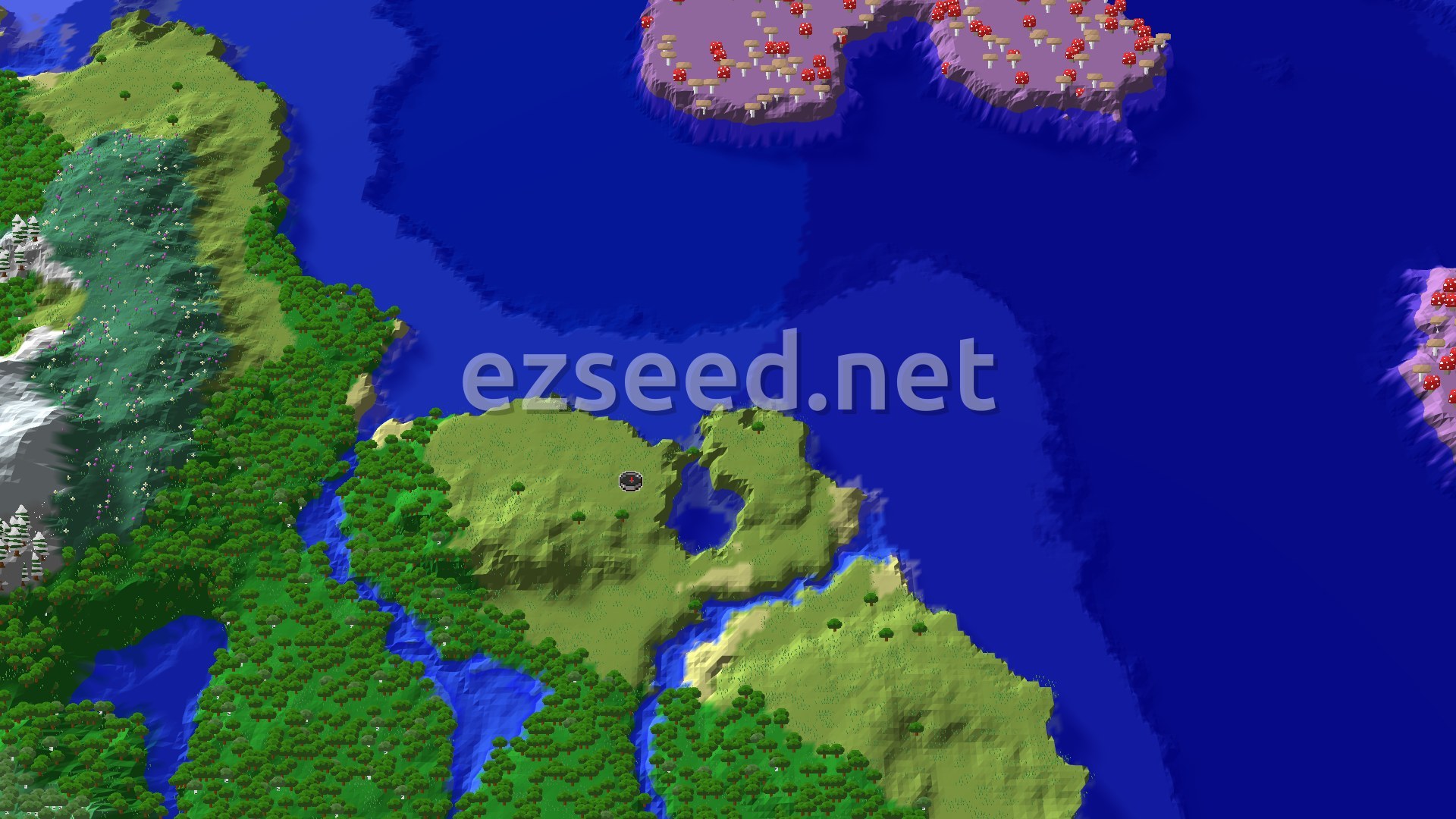 An aerial view of a flat plains spawn, bordered by a forest, with a large ocean to one side and distant snowy peaks.