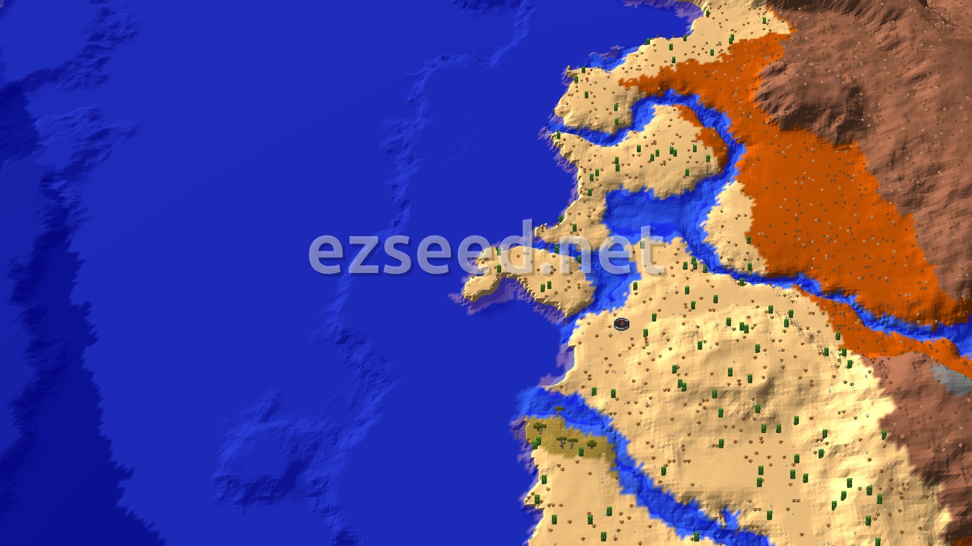 An overhead view of a desert and badlands landscape, segmented by rivers, bordering a warm ocean, with a small black spawn marker.