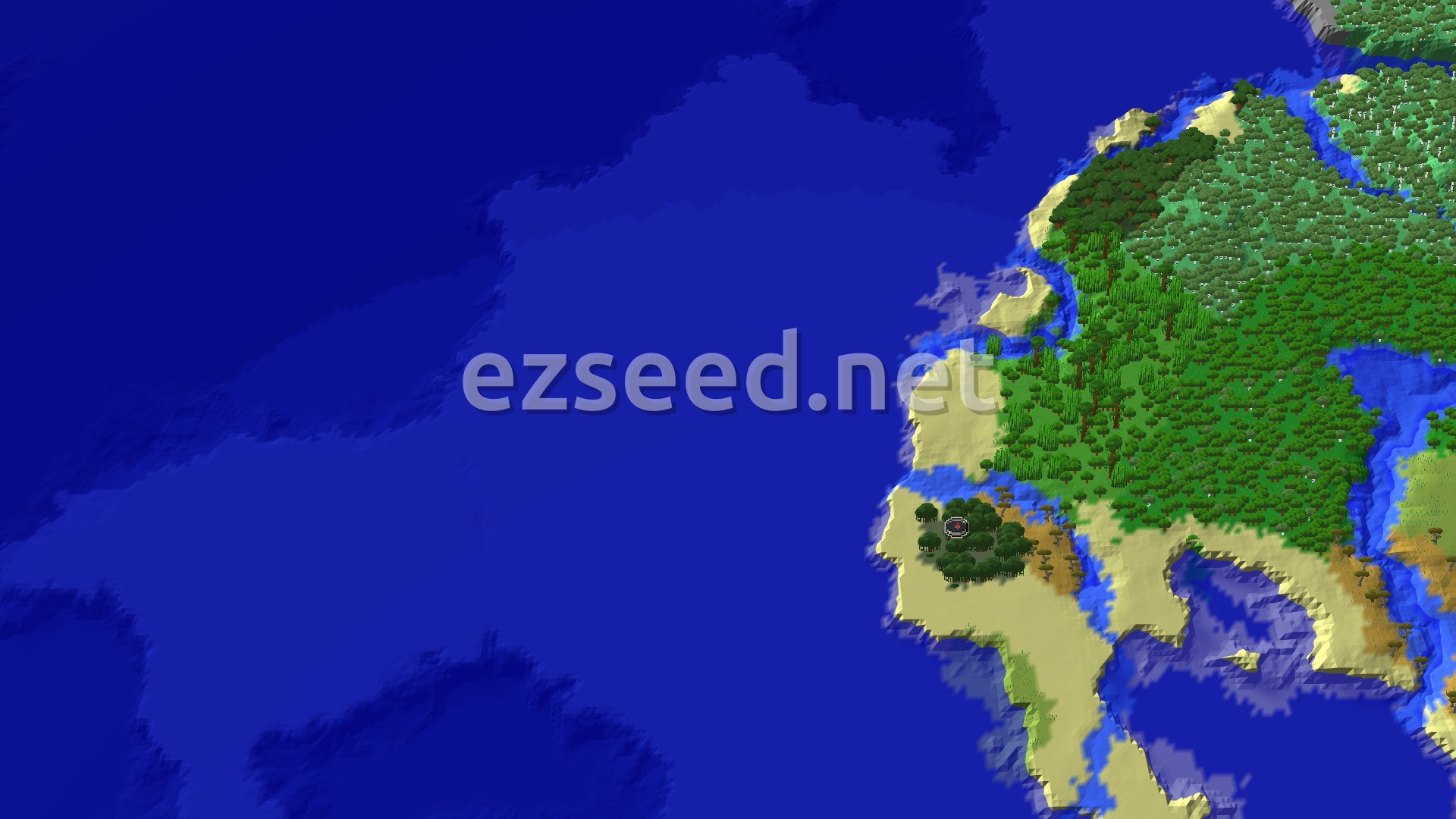 An aerial view of a large landmass with a significant Mangrove Swamp at the center-left, surrounded by oceans, beaches, and varied forests and plains further inland.