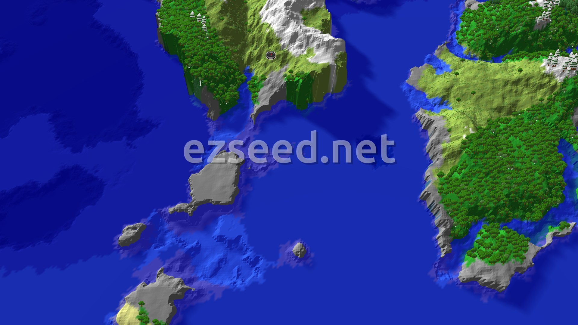 A 3D fly-over of a Minecraft world shows a flat plains area at the center, surrounded by forests, snowy slopes, and jagged peaks, with cold ocean visible in the distance.
