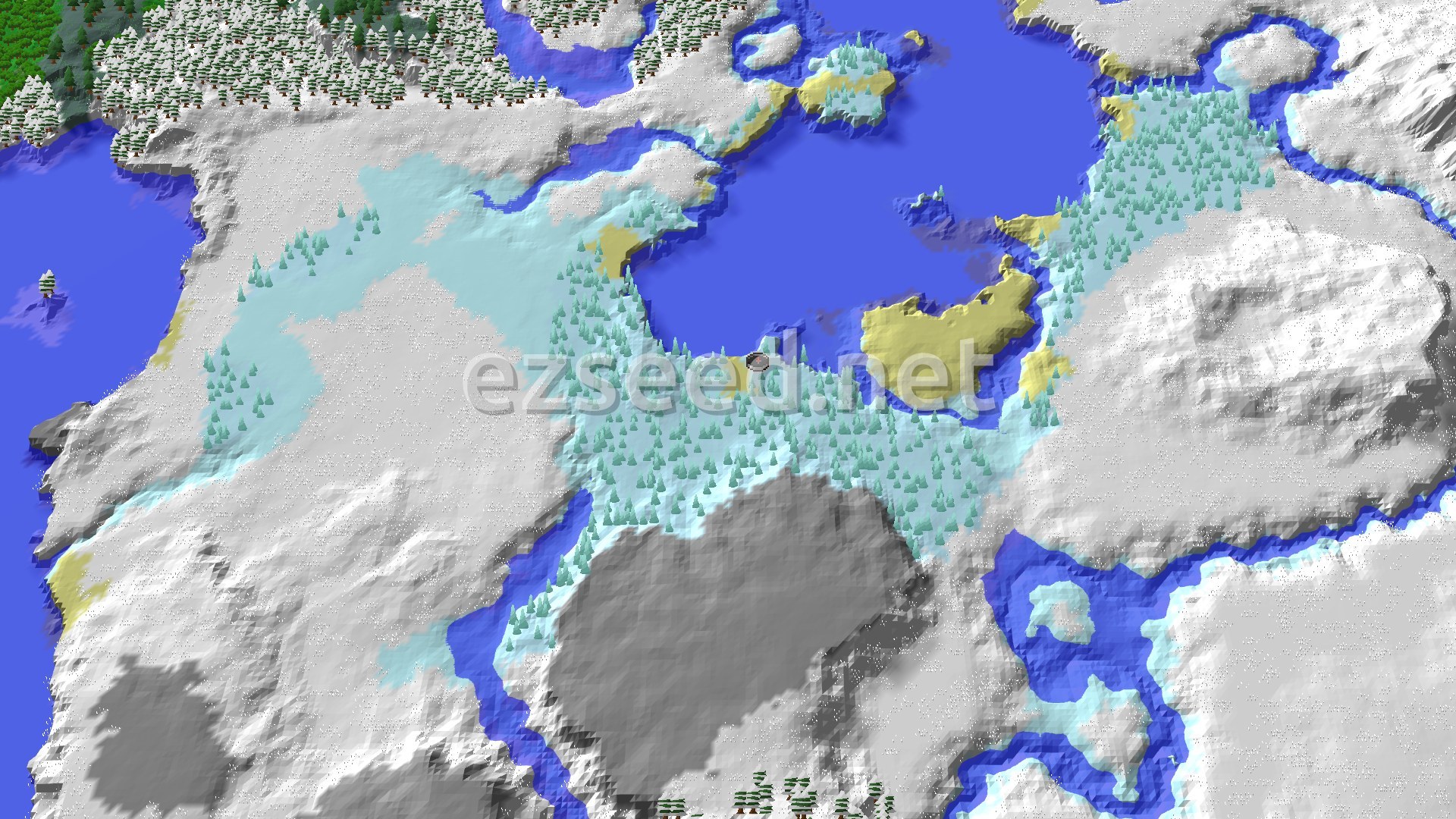 A 3D render of a snowy landscape with patches of coniferous trees, frozen rivers, and a large frozen ocean with scattered icebergs around the spawn point.