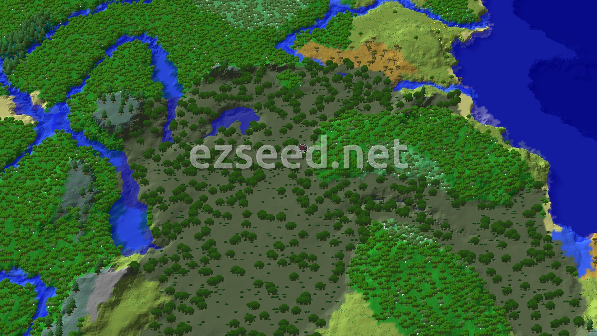 A 3D render of a forested landscape with a swampy area at the center, winding rivers, and an ocean to the east.