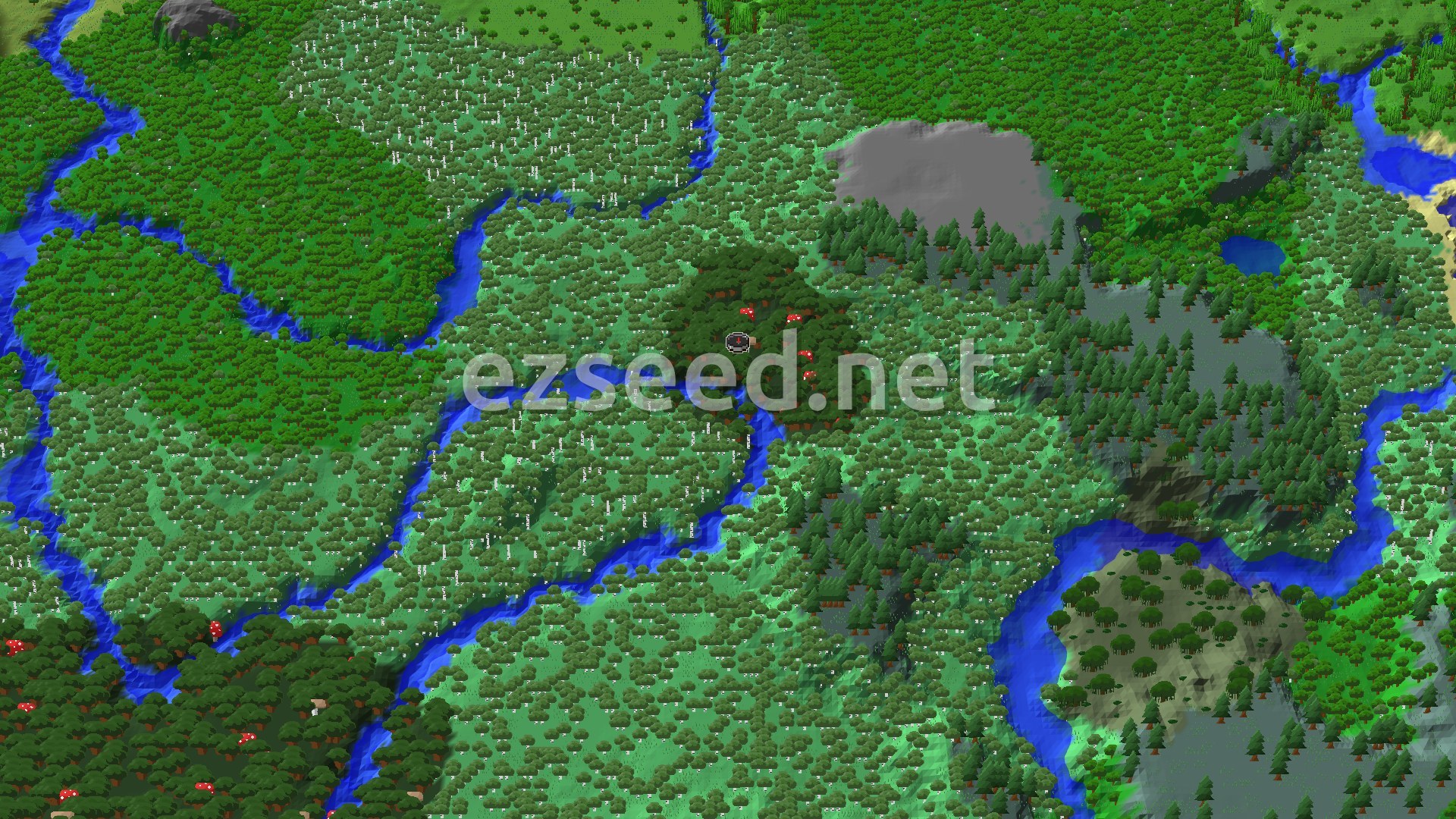 An overhead 3D view of a Minecraft landscape, showing dense green forests, winding blue rivers, and patches of darker trees around the spawn marker.