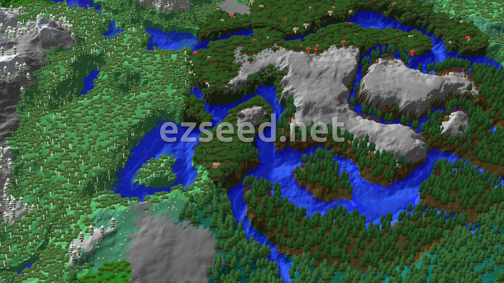 Aerial Minecraft seed map — Dark Forest Spawn with a Nearby Ancient City