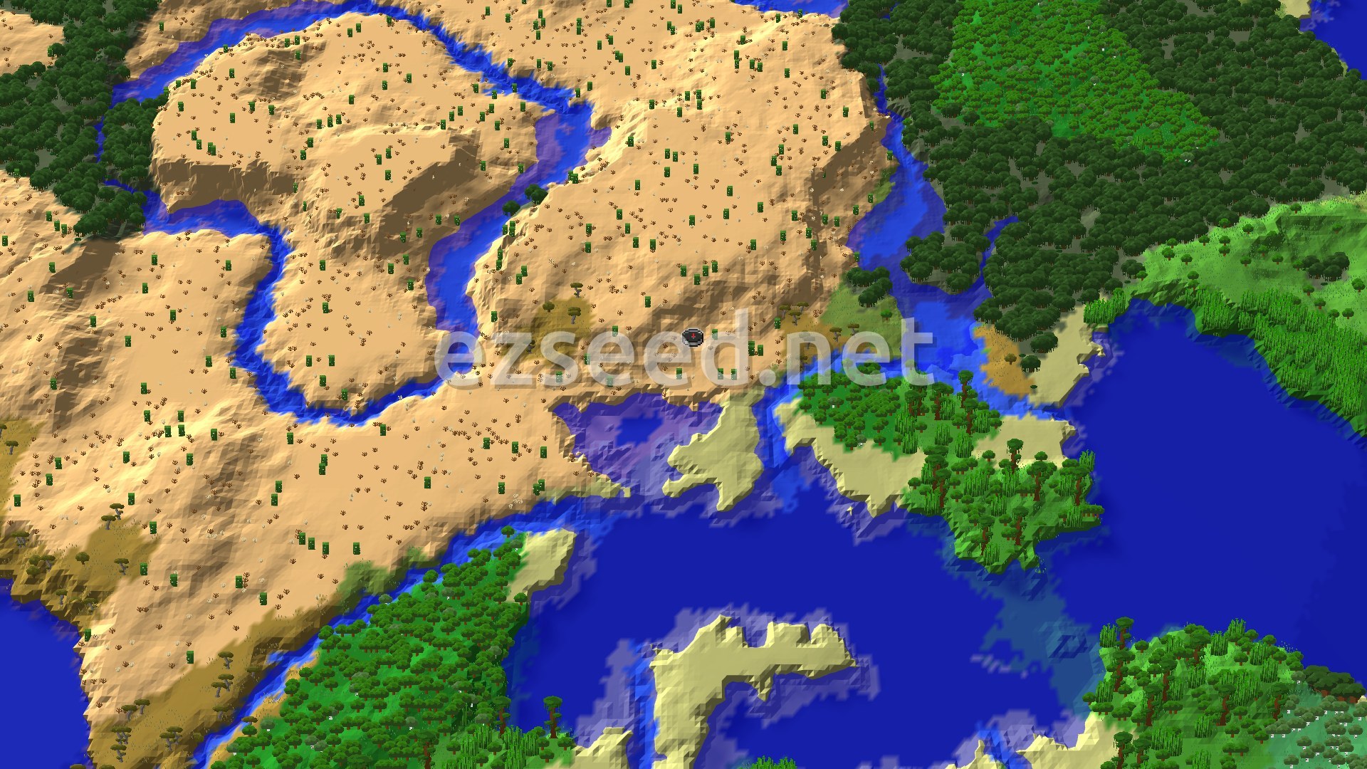 An aerial view showing a desert landscape with scattered green cacti and a prominent river winding through it. To the right and south, lush green forests and a large body of water are visible, with a small spawn marker in the center.