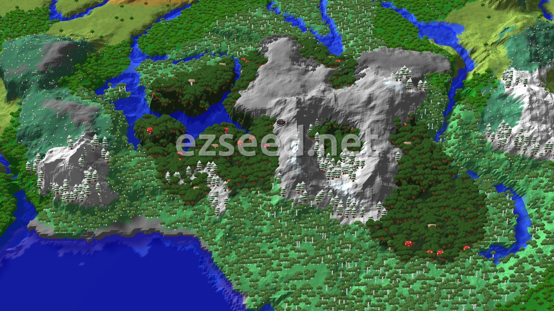 A 3D fly-over of a varied Minecraft landscape featuring dense forests, a winding river, and snow-capped mountains. A small spawn marker sits in the center.