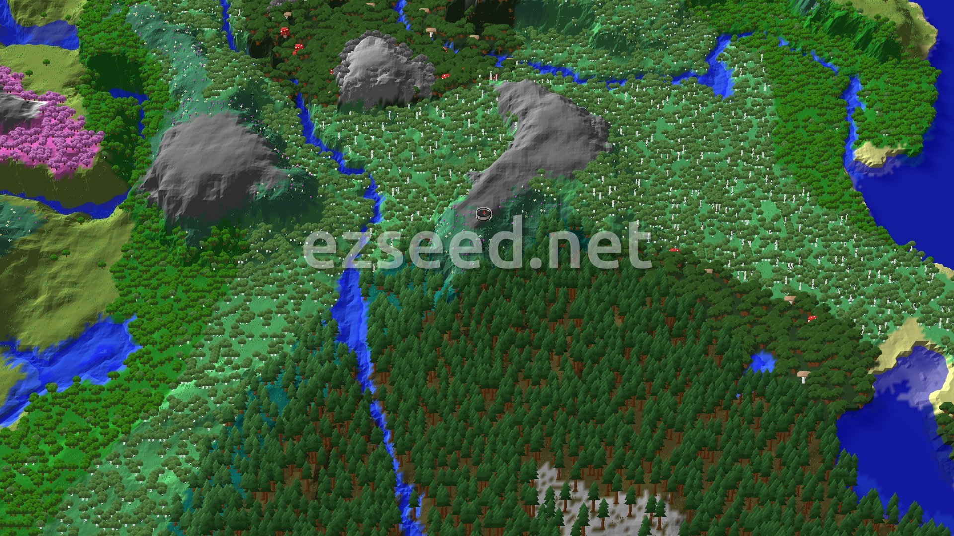 An aerial view showing a diverse landscape around spawn, with green forests, some grey mountains, a small river, and a pink cherry grove biome in the distance.