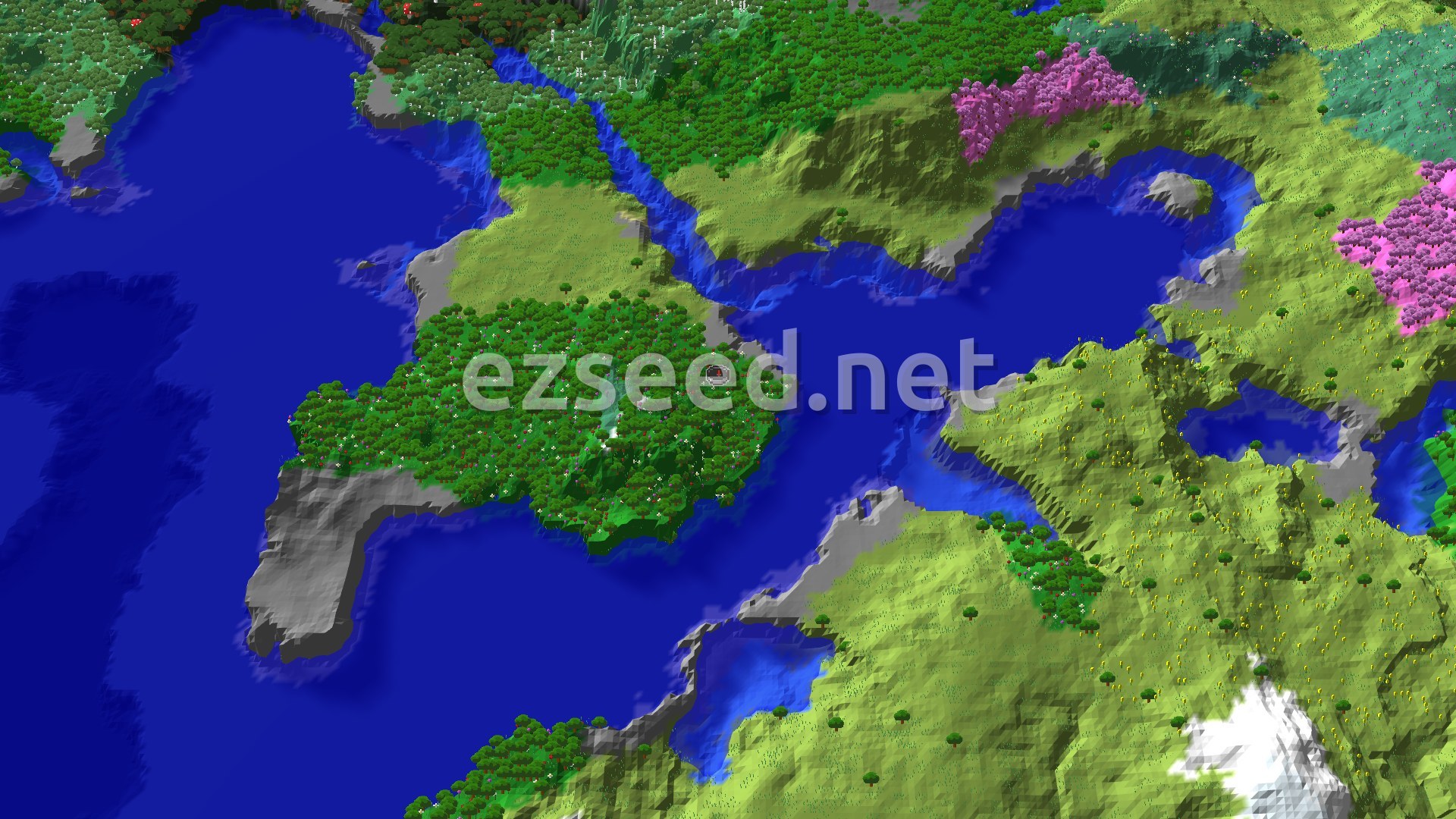 An overhead view of a diverse landscape featuring a central body of water, lush green forests, grassy plains, and distinct patches of pink cherry trees.
