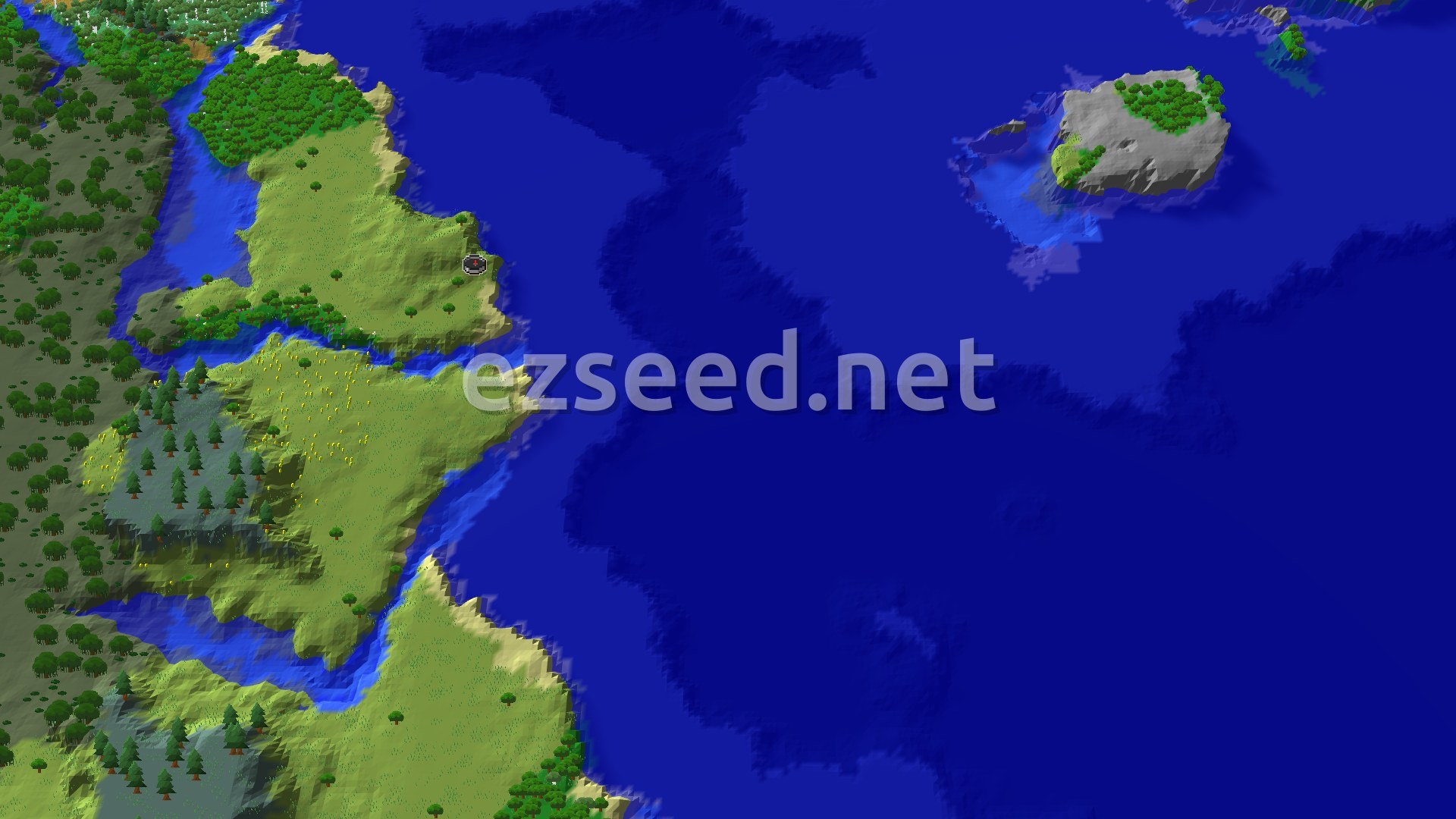 An aerial view shows a coastline with a mix of green plains, forests, and winding rivers, leading into a large expanse of deep blue ocean, with a small, rocky island further out.