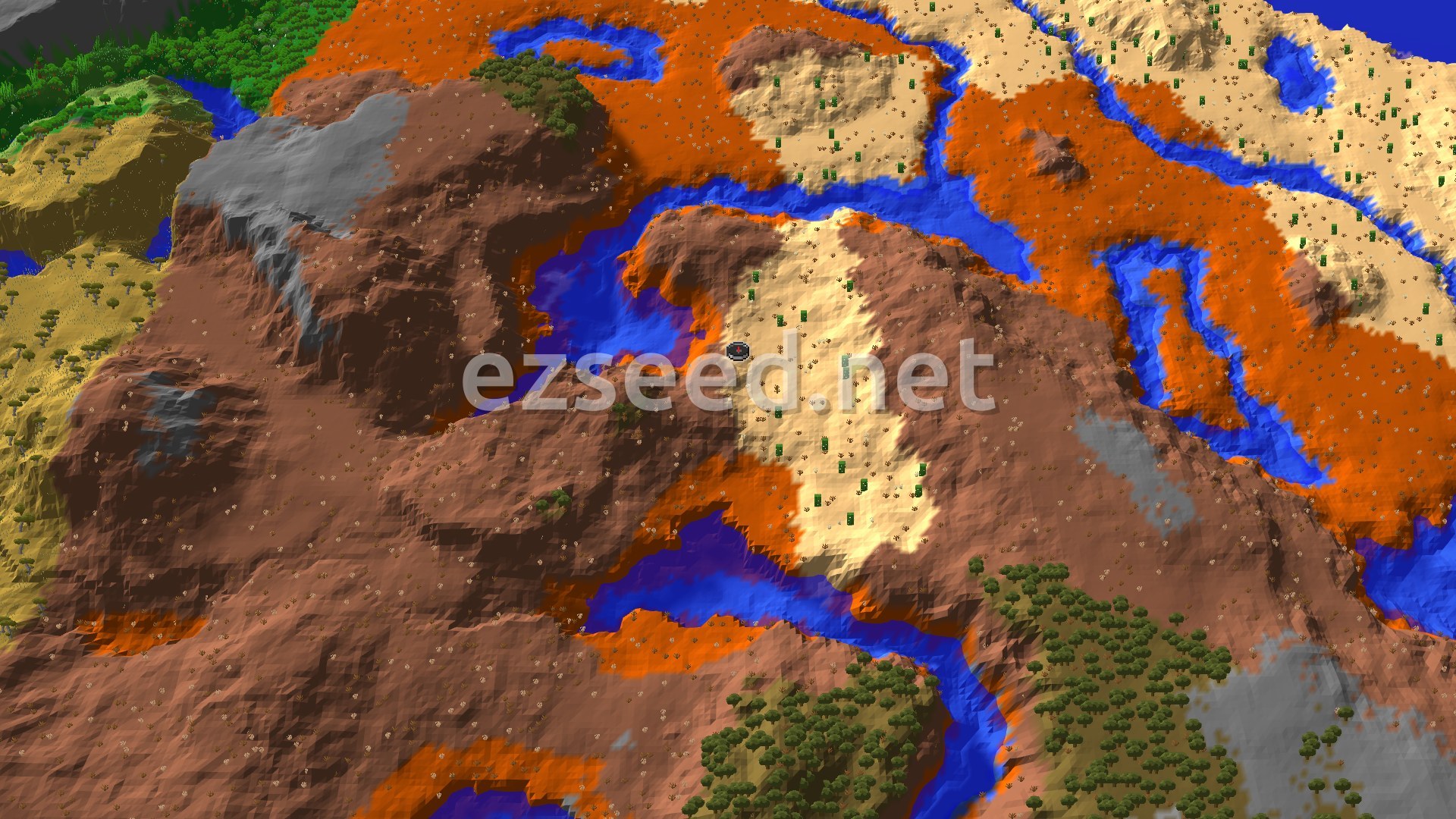 Aerial Minecraft seed map — Desert Spawn with Nearby Badlands and a Trial Chamber