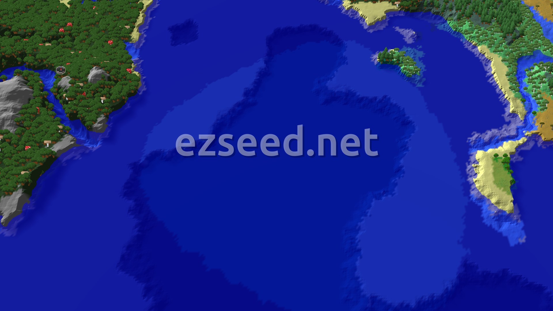 An aerial view of a dense Dark Forest biome meeting a large ocean, with a river winding through the forest and some lighter-colored biomes on the far shore.