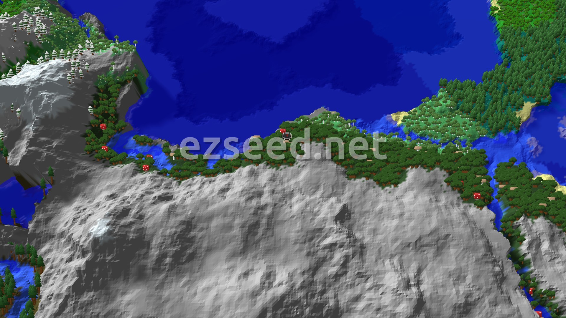 An aerial view of a dark forest meeting a stony shore and ocean, with snowy peaks in the distance.