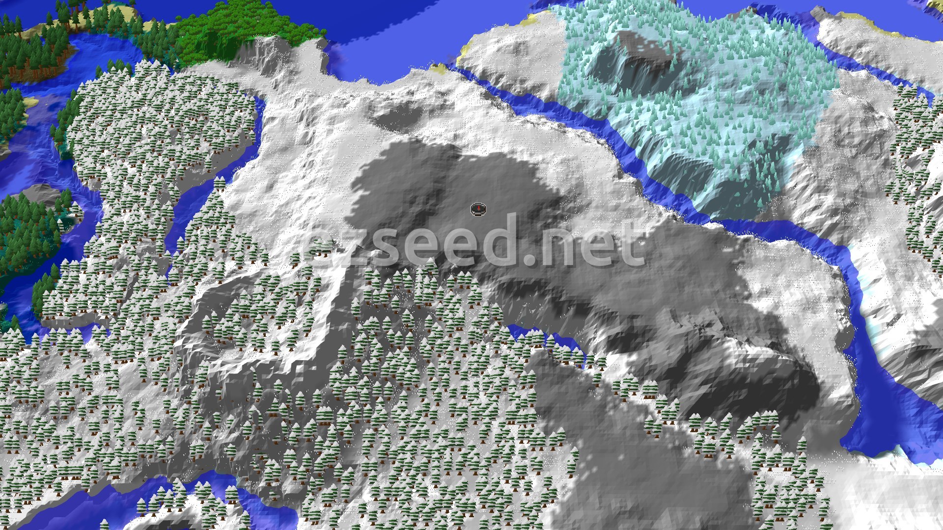 A 3D fly-over of a snowy mountainous landscape with a small player marker at the center, surrounded by snow-covered trees and a frozen river winding through peaks.