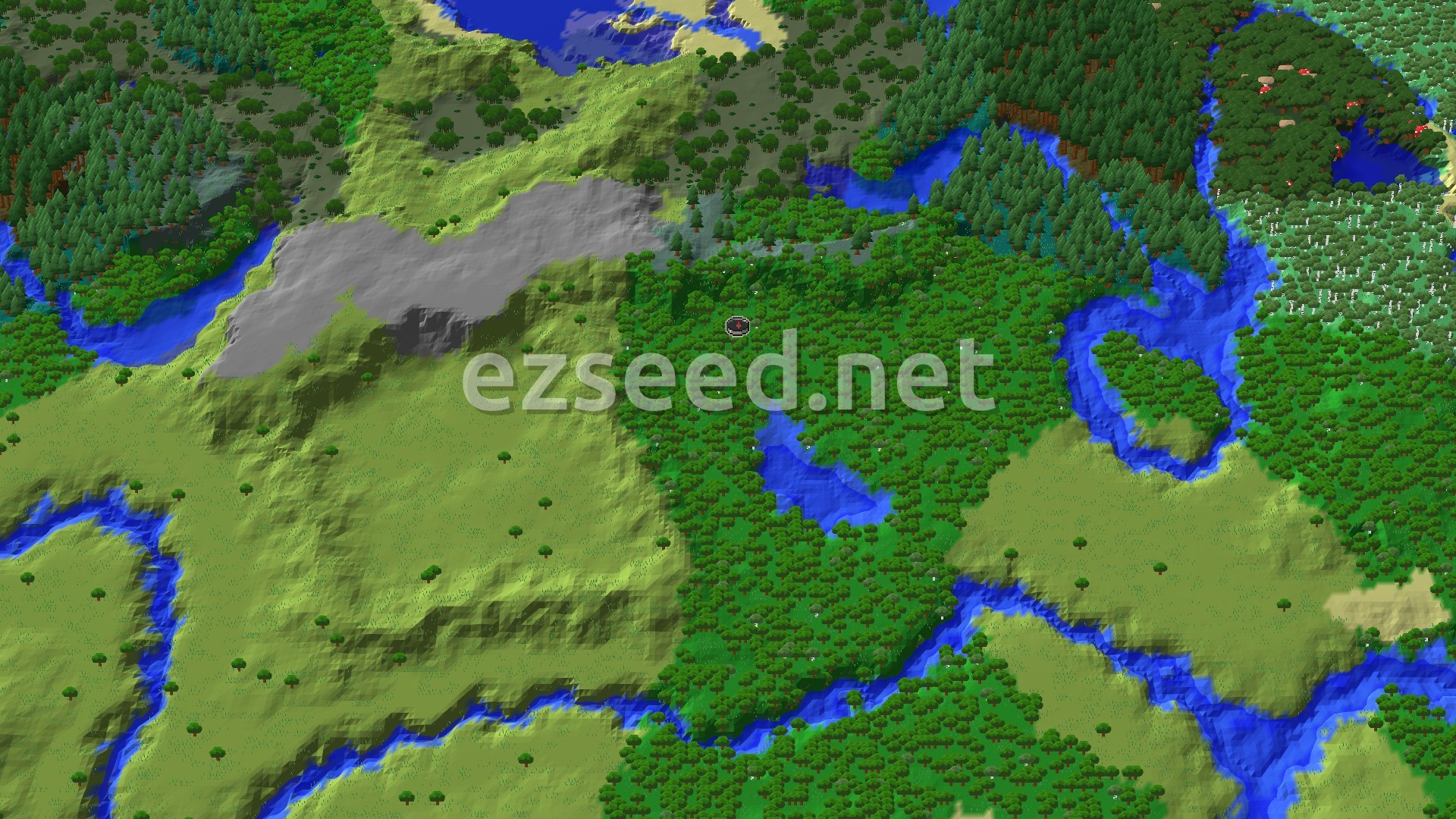 A 3D fly-over of a world with a dense forest at the center, surrounded by rivers and some open plains. A small spawn marker is visible in the middle.