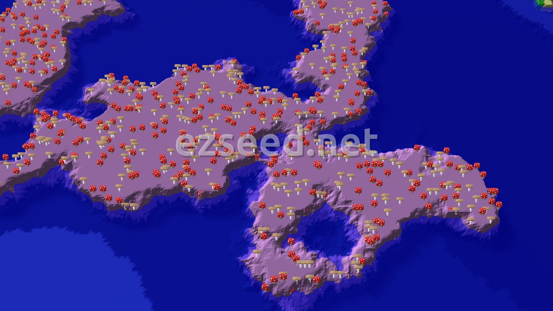 An aerial view of an expansive Mushroom Fields biome, dotted with red and brown mushrooms, surrounded by deep blue ocean water. The terrain is largely flat with some gentle slopes along the coast.
