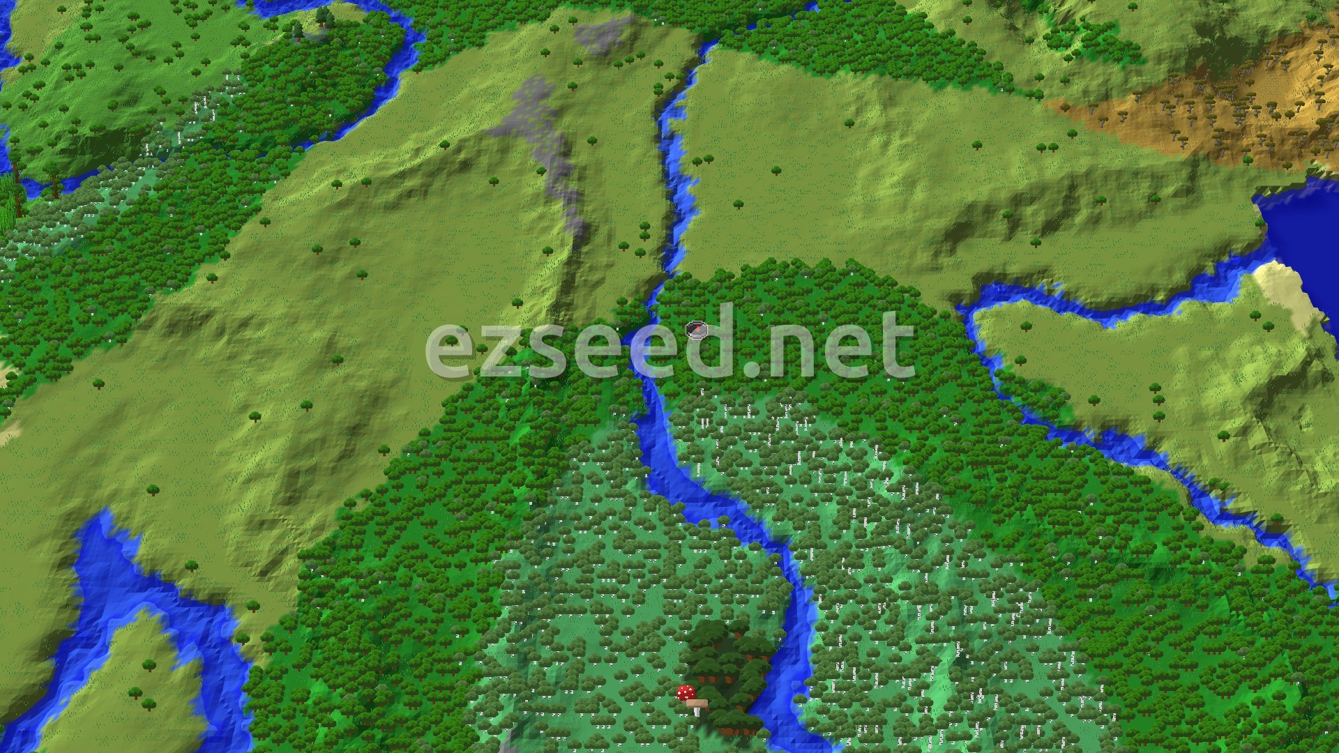 An aerial view of a verdant landscape showing a mix of forests, open plains, and winding rivers. A small spawn marker is visible near the center.
