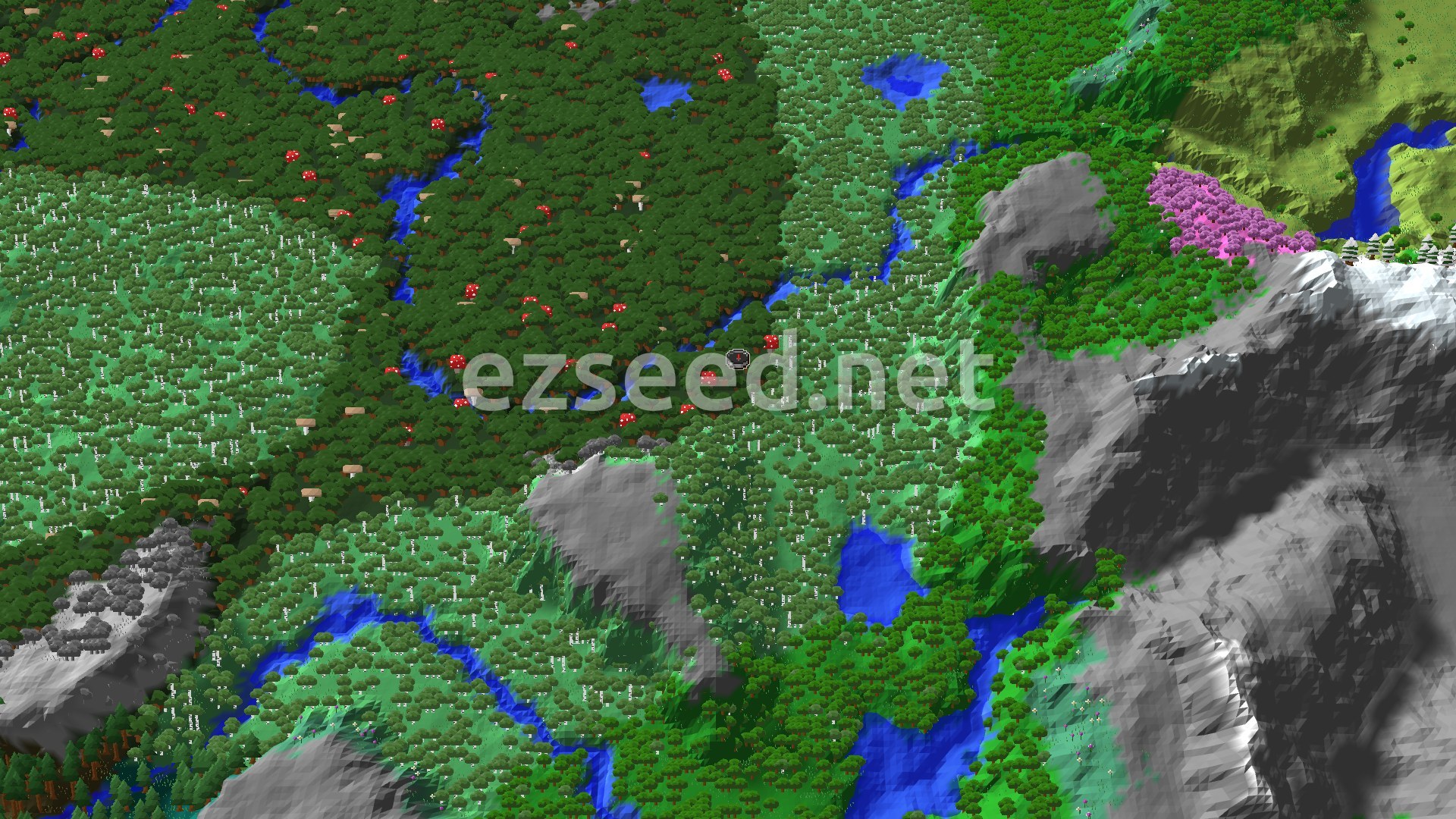 An aerial view of a dense Dark Forest biome with large mushroom trees, bordered by a Birch Forest and a winding river. Gray mountains rise in the distance, one with a patch of pink Cherry Grove trees.