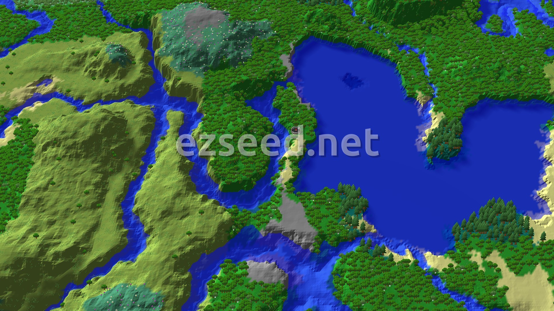 An aerial view shows a spawn point in a dense forest biome, bordered by a large body of water to the east and a winding river to the west. Hills and varied terrain are visible in the distance.