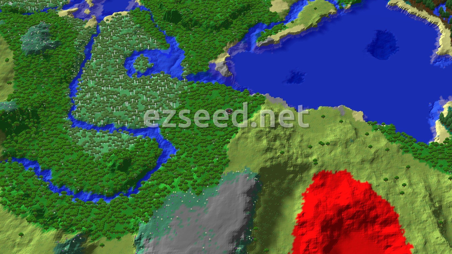 An aerial view of a forest, plains, and river landscape with scattered trees and gentle hills around the spawn point.