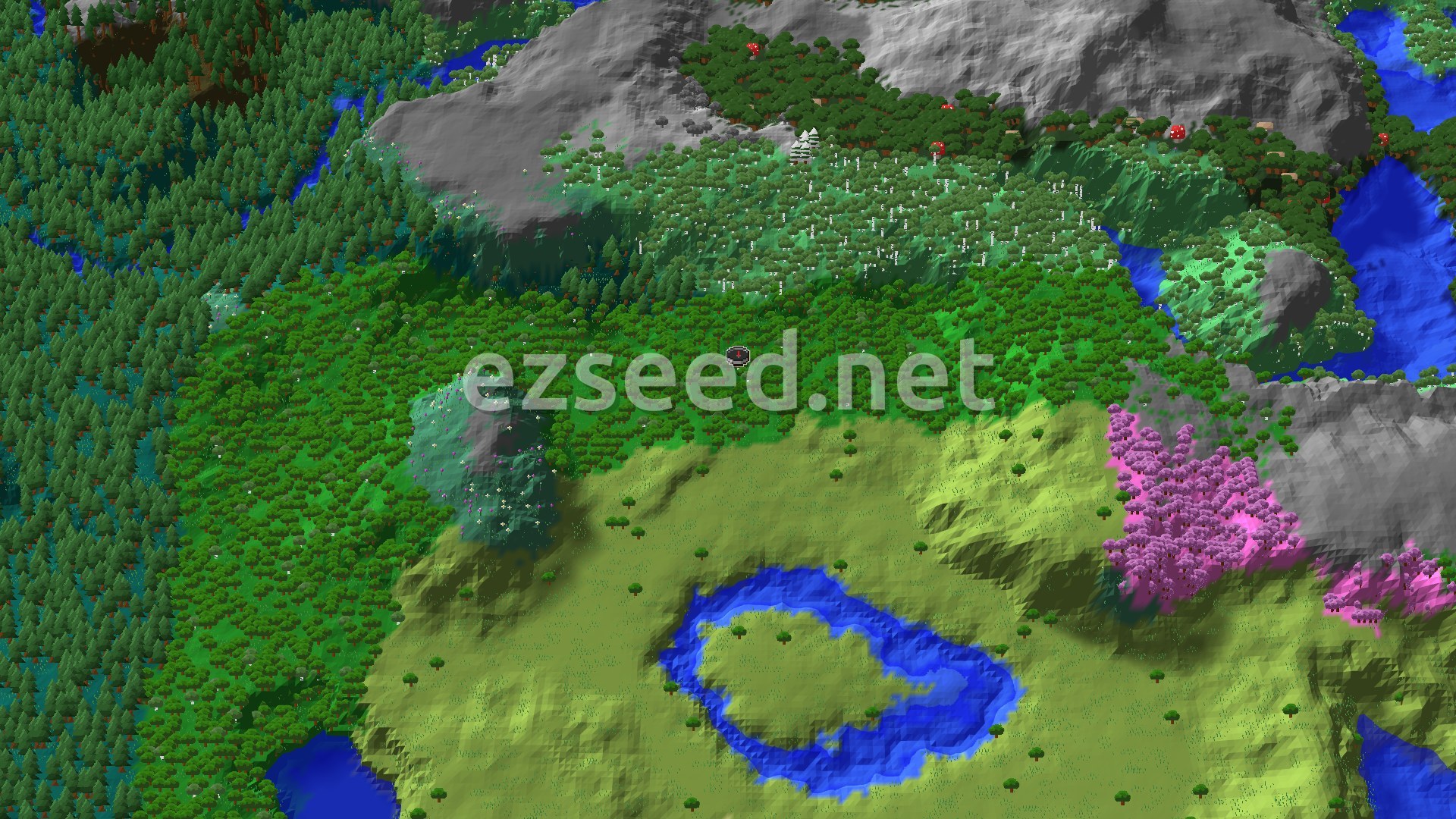An aerial view of a varied landscape, showing dense green forests, lighter green plains, a winding blue river, and a small pink cherry grove, with grey mountains in the distance.