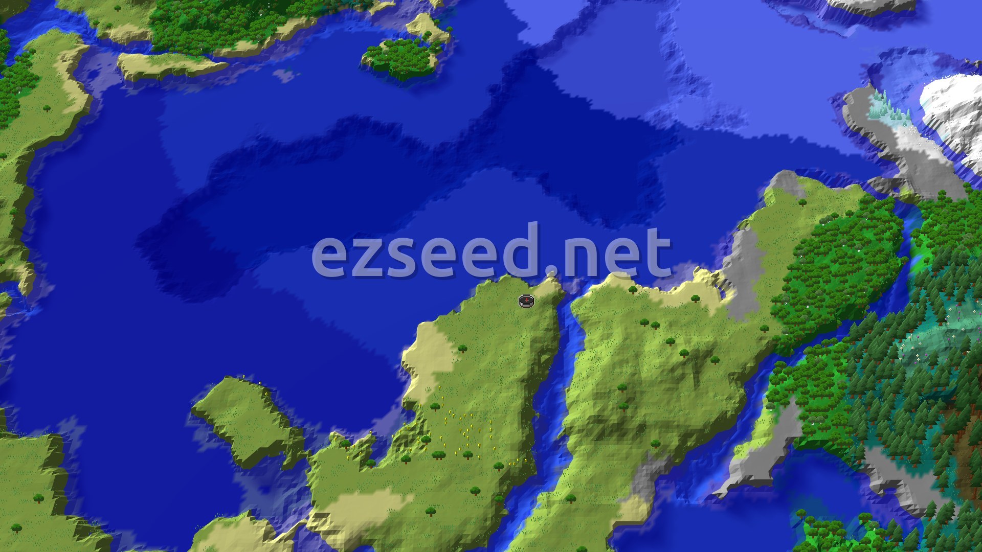 An aerial view of a large landmass with a central spawn marker, surrounded by ocean, featuring plains, forests, and some snowy mountain peaks in the distance.