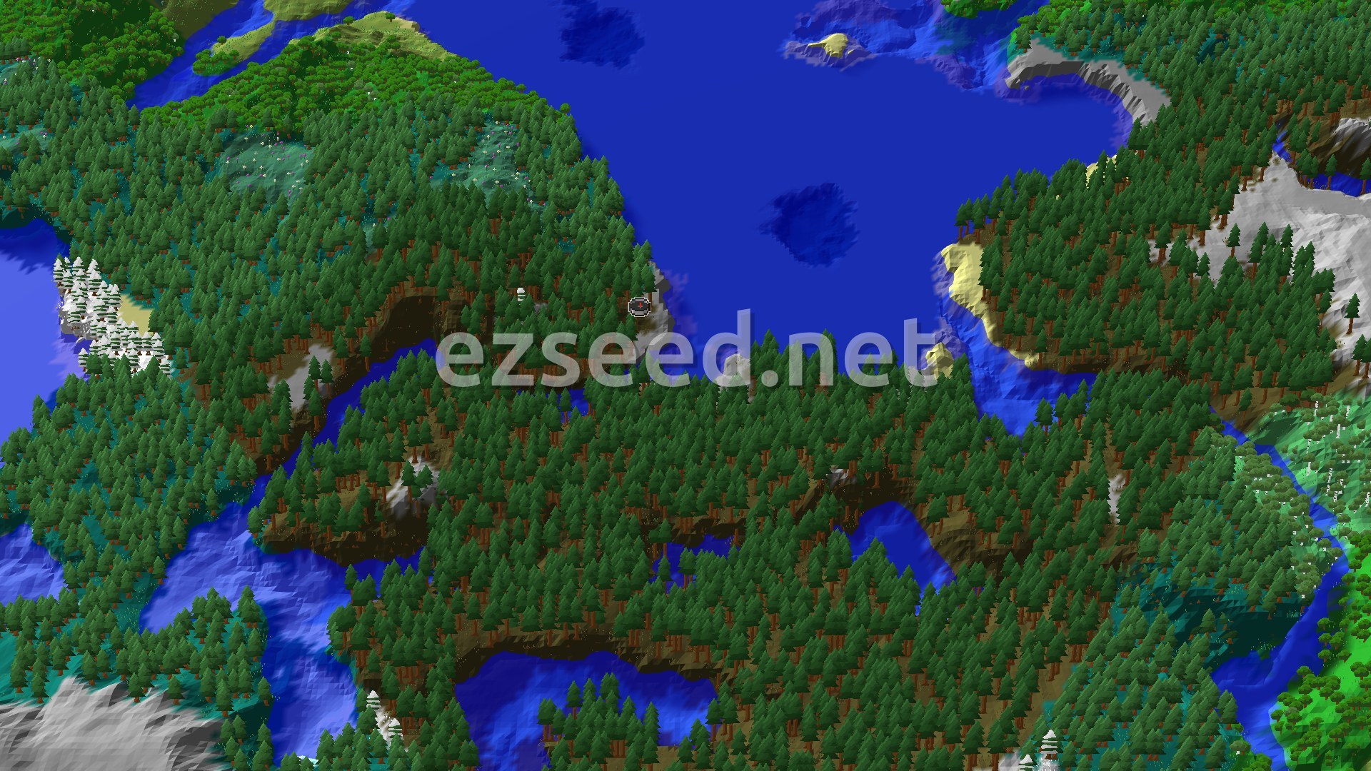 An aerial view of a dense Old Growth Pine Taiga forest, cut by several rivers and a large cold ocean. Hills and some snowy terrain are visible in the distance.
