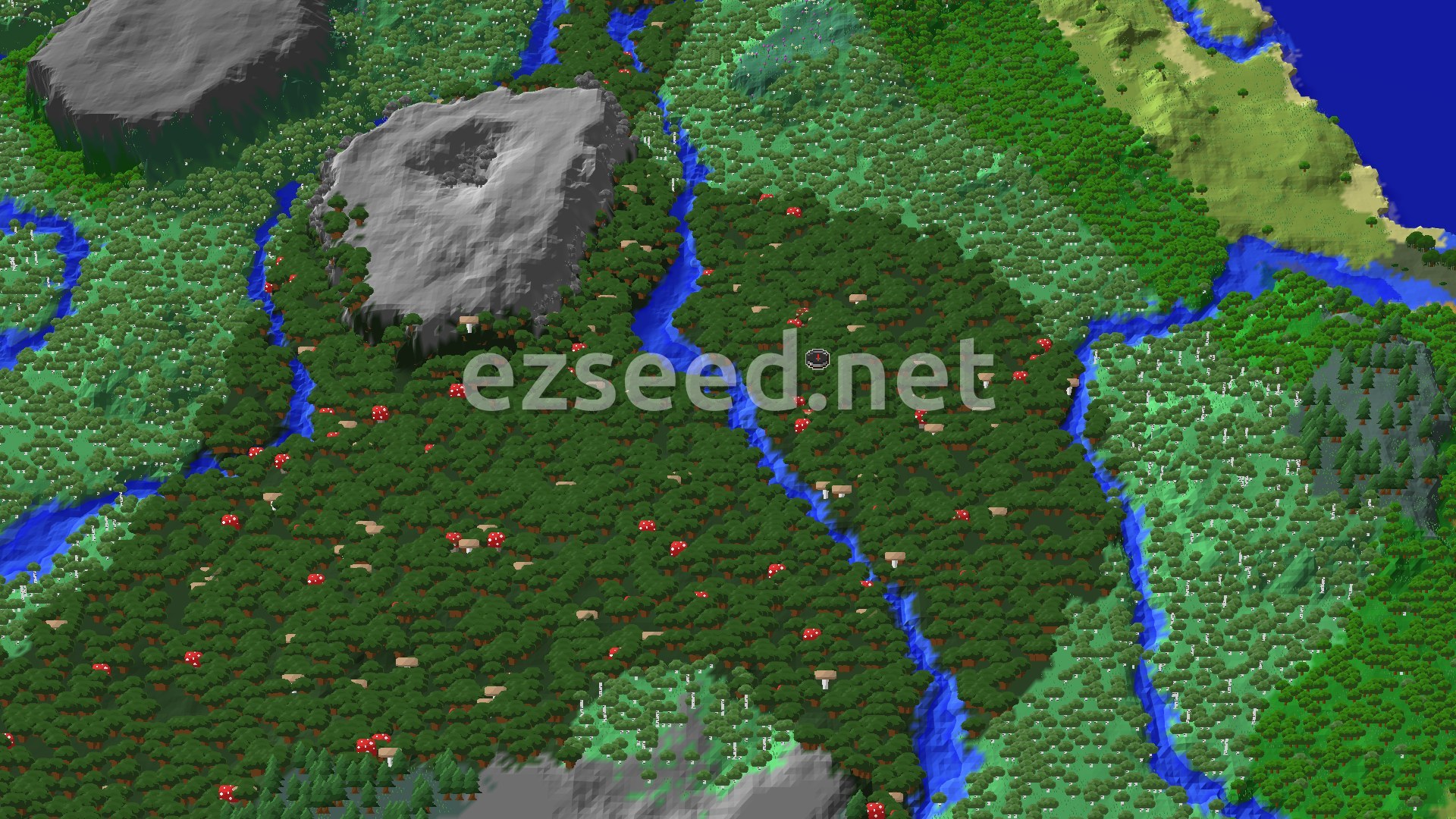 A dense Dark Forest with numerous large mushrooms dominates the center, cut by winding rivers, and flanked by a gray, rocky peak to the north and open plains to the northeast.