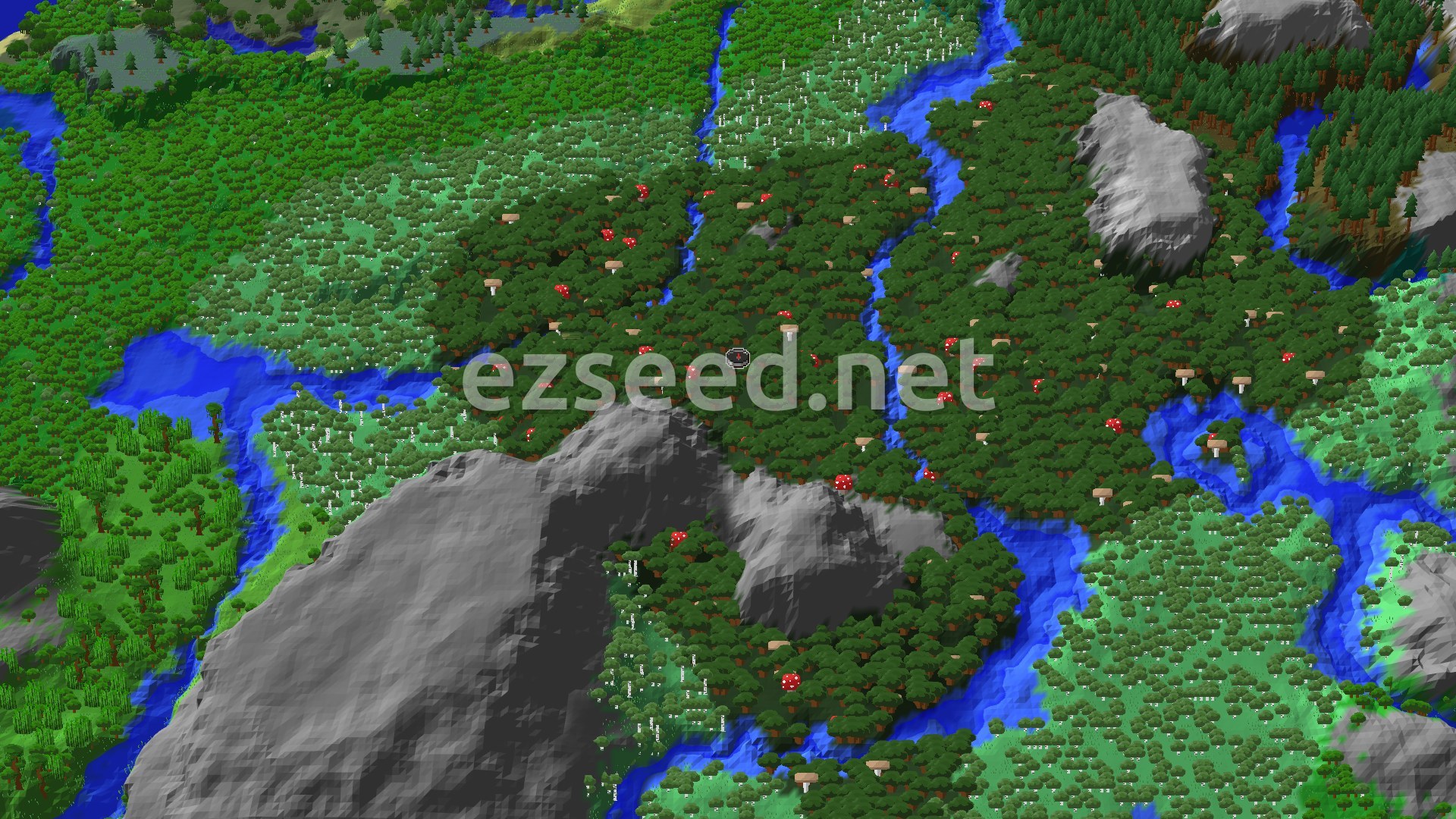 A bird's eye view of a dense Dark Forest biome with dark green trees, some giant mushrooms, and blue rivers winding through the landscape. Gray mountains rise in the distance.