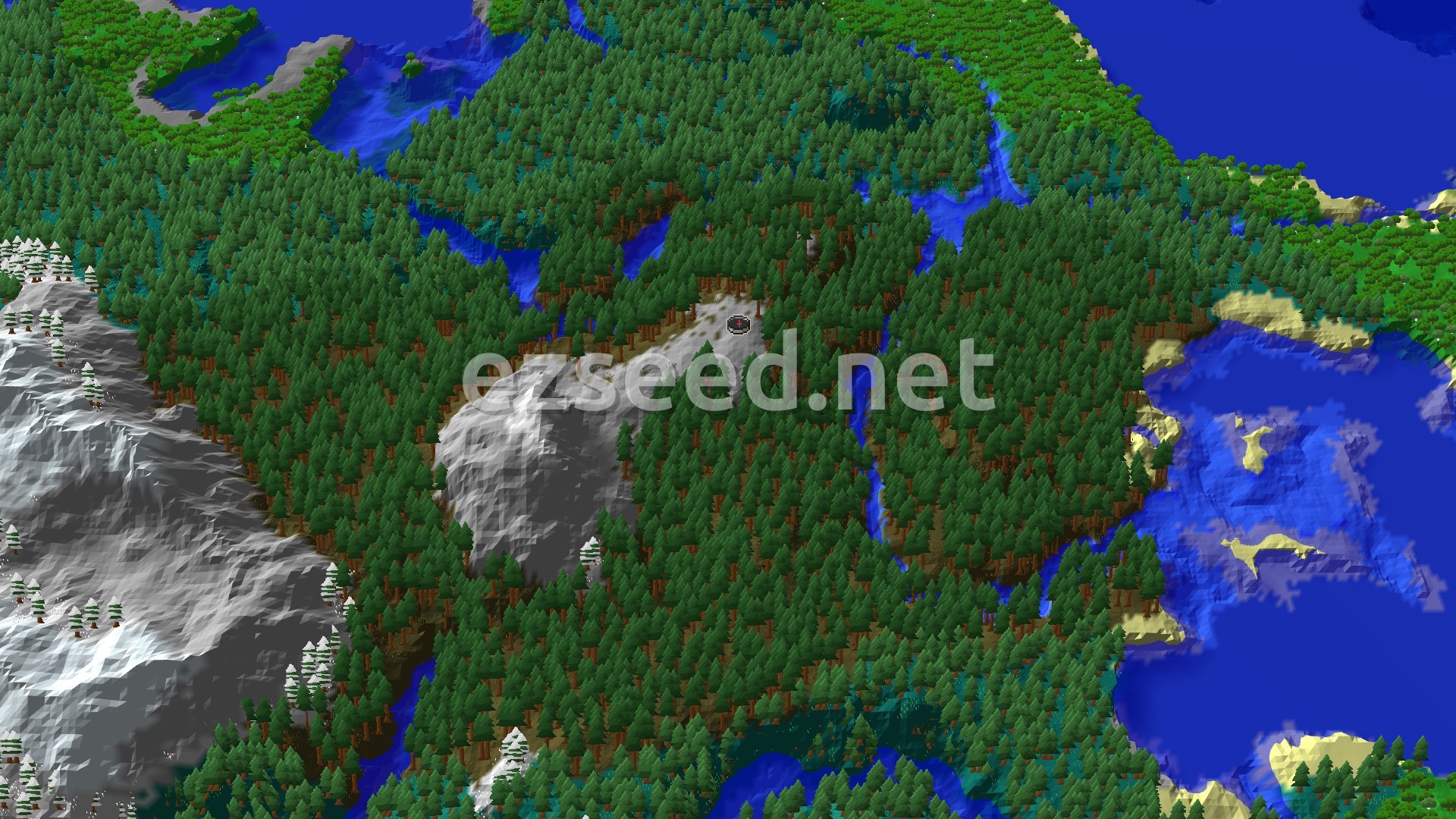 Aerial Minecraft seed map — Taiga Spawn with Nearby Village and Cold Peaks