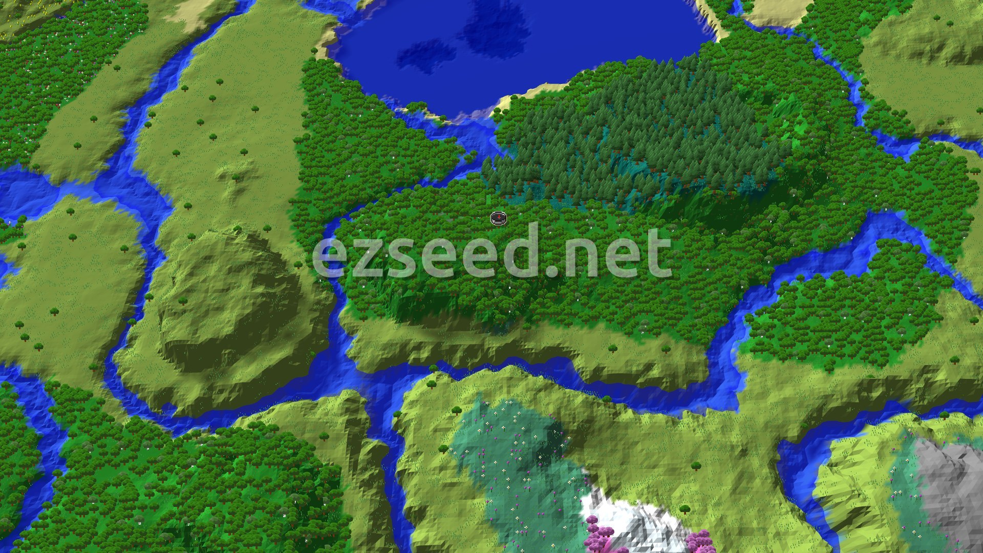 A 3D fly-over rendering of a Minecraft world, showing dense green forests, winding blue rivers, and some lighter green plains, with a small spawn marker in the center of a forested area.