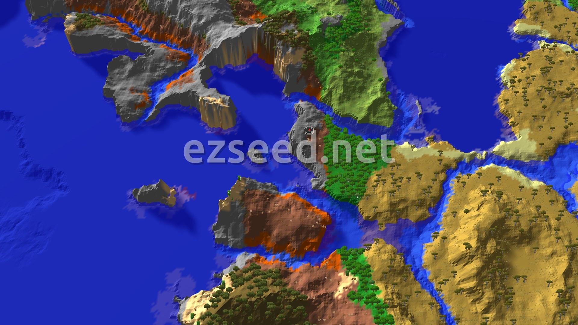 A 3D render showing a diverse landscape, with a central Badlands spawn surrounded by various biomes, including forests, savannas, and different ocean types, with some mountains visible.