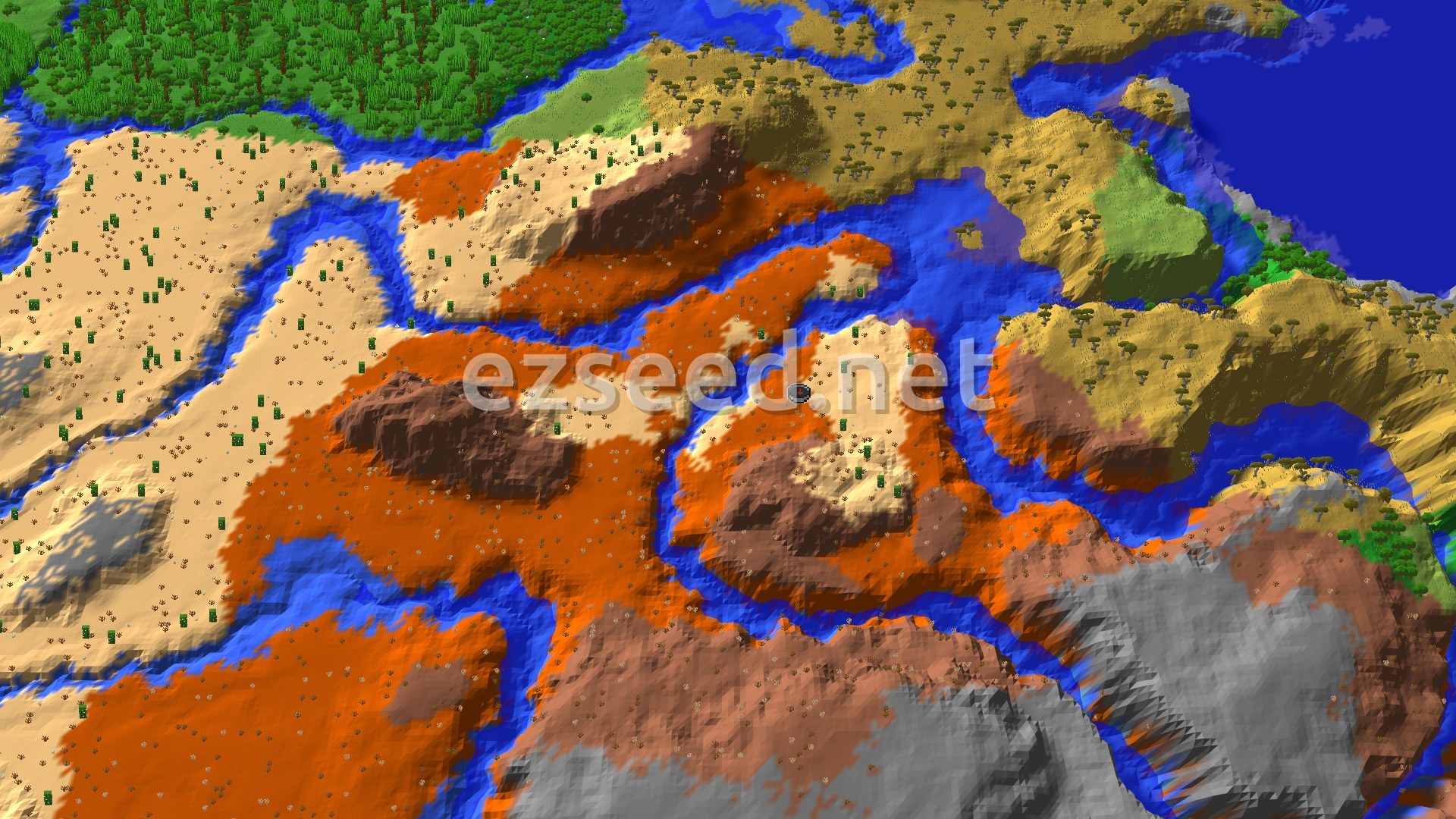 An aerial view showing a diverse landscape dominated by orange and brown badlands, intersected by winding blue rivers, with green forests and savanna biomes in the distance. A small marker indicates the spawn point in the badlands.