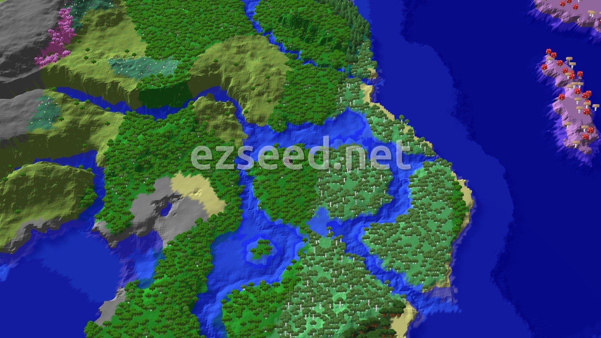 A 3D fly-over of a hilly forest landscape with a river running through it, transitioning into plains and an ocean in the distance.