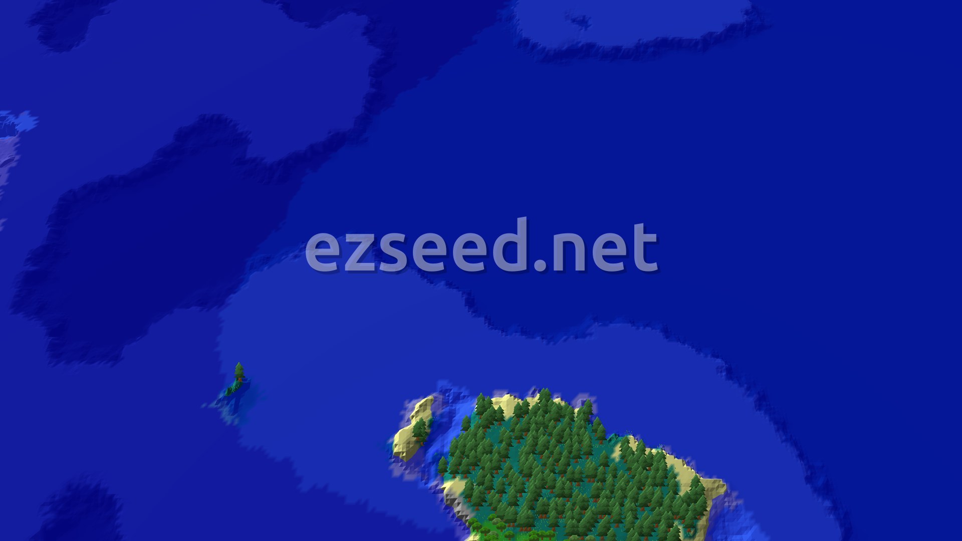 A small, forested island surrounded by vast ocean, with a tiny spawn marker visible on the island.