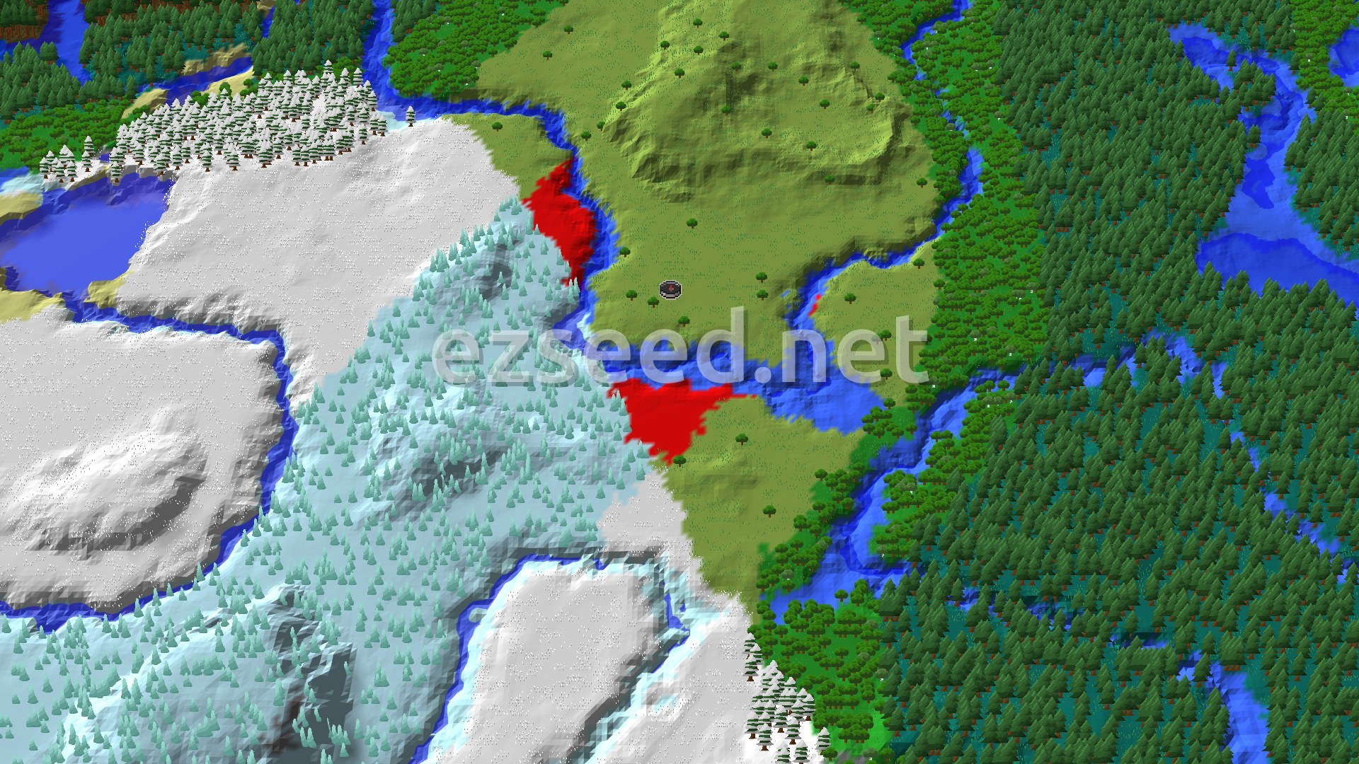 A 3D fly-over of a varied landscape around spawn, showing plains, forests, and snowy biomes with a river cutting through.