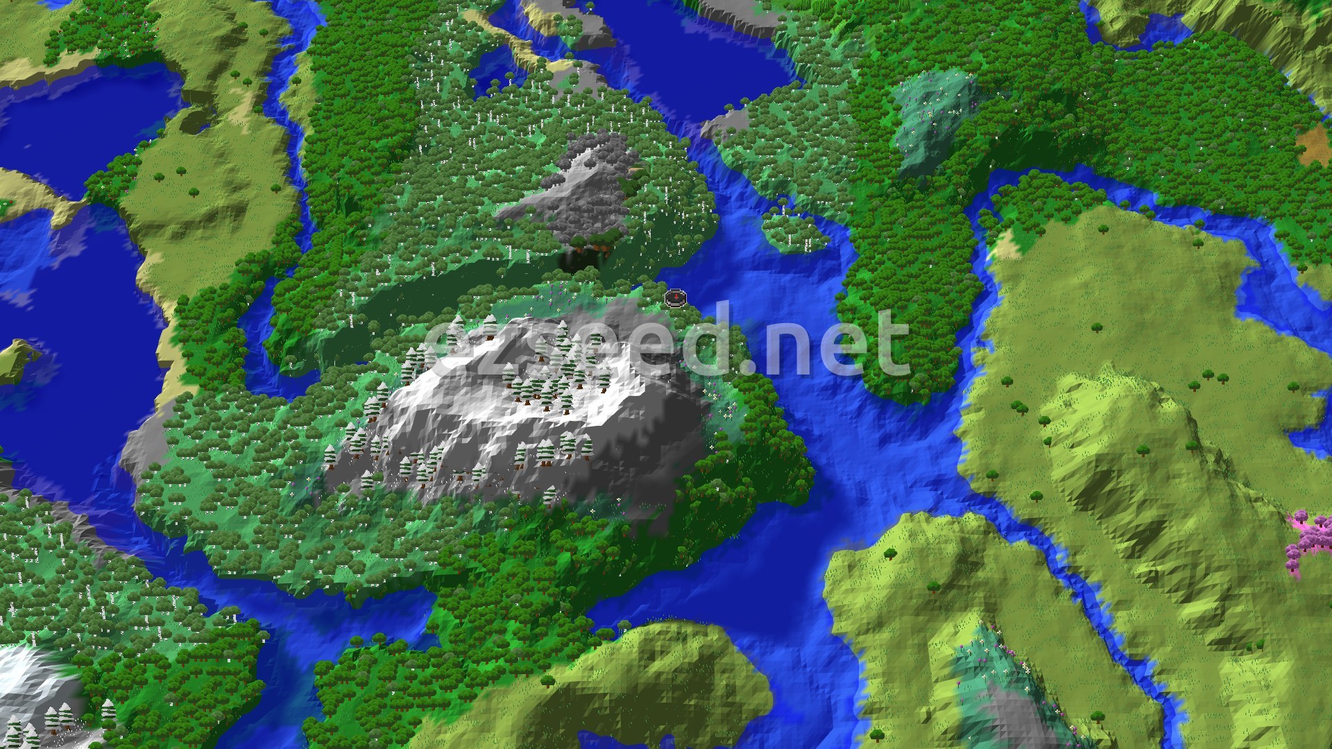 Aerial Minecraft seed map — Birch Forest Spawn with Jagged Peaks Nearby