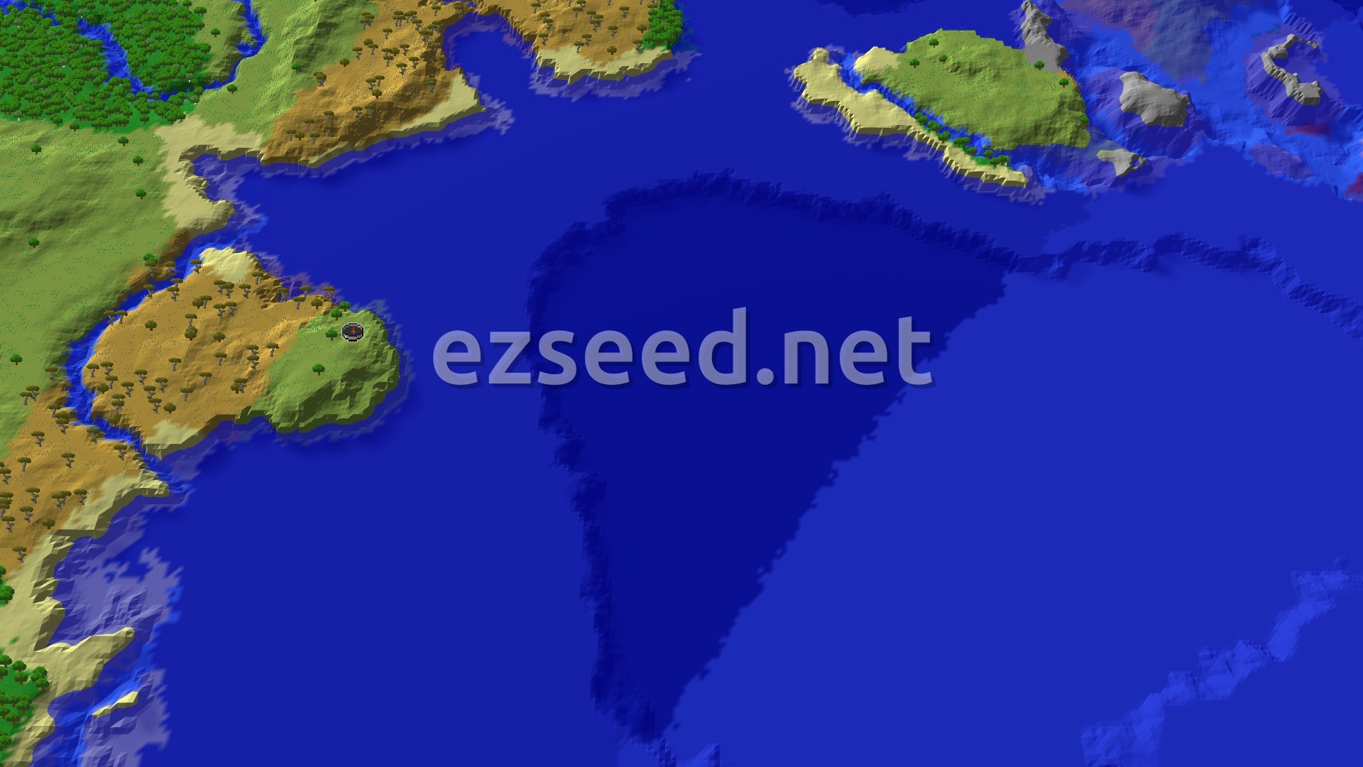 A 3D fly-over rendering of the terrain around spawn, showing plains, savanna, and a large warm ocean with some islands.