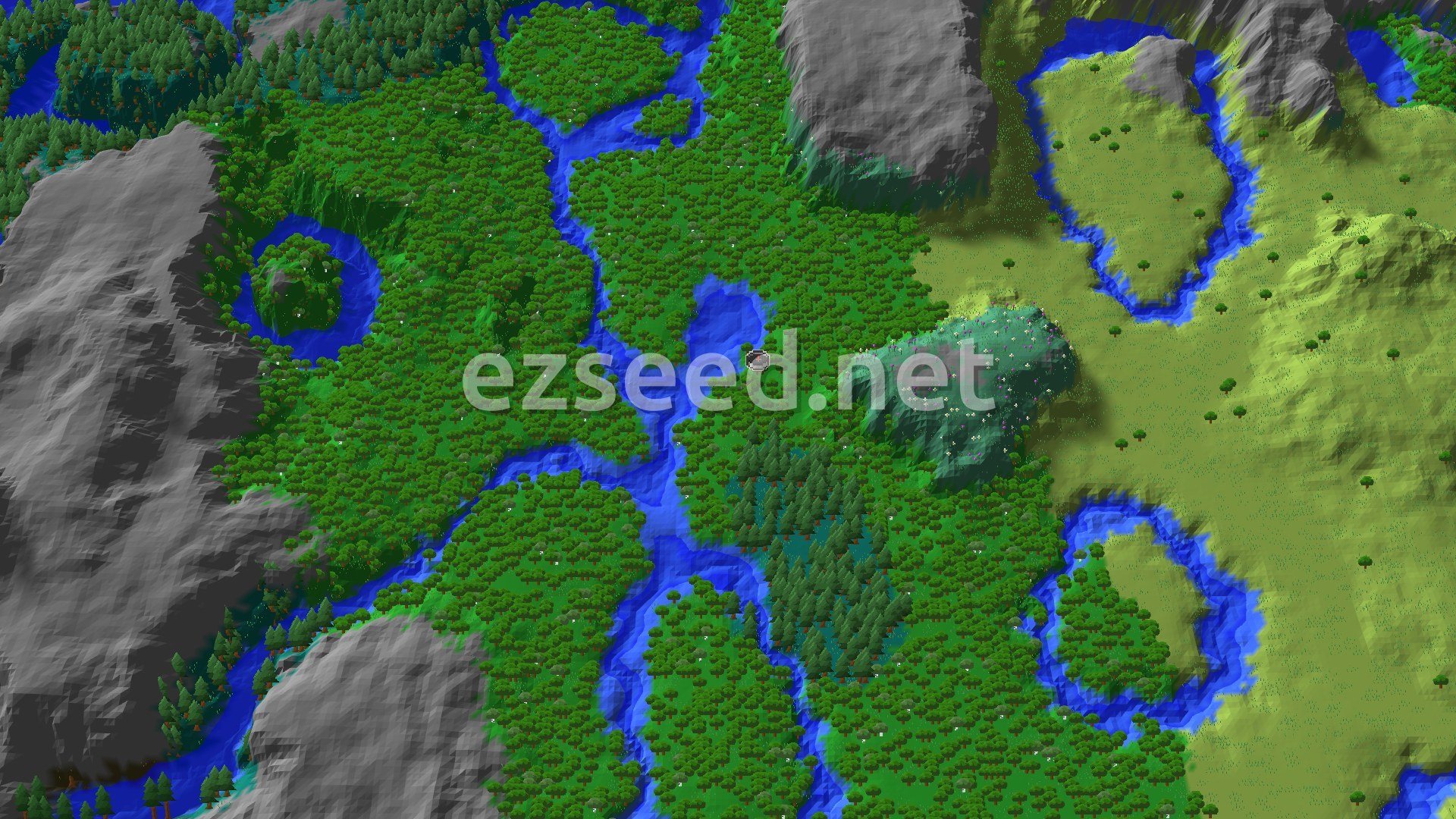 A bird's-eye view of a dense forest biome intersected by a winding river, with some open plains and distant mountains.