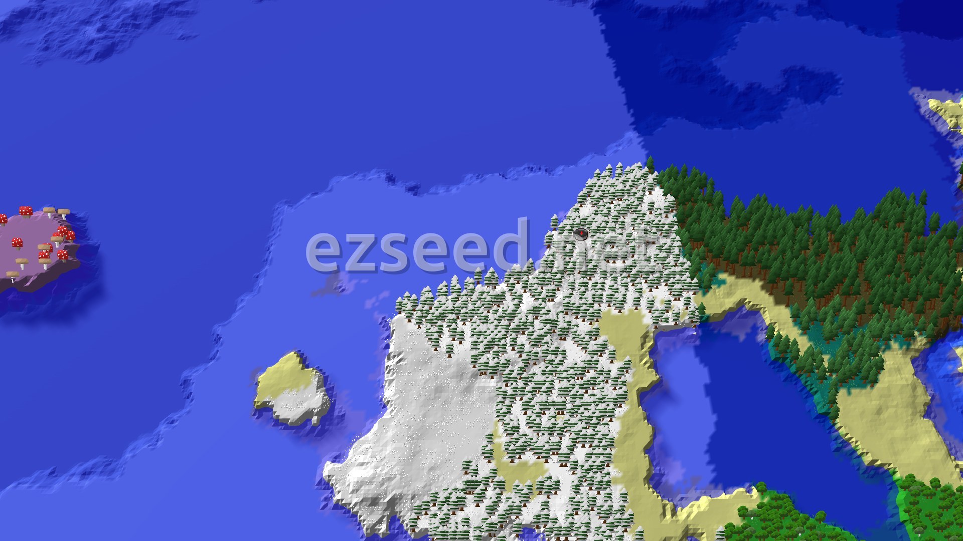 Aerial Minecraft seed map — Snowy Taiga Spawn with Nearby Village