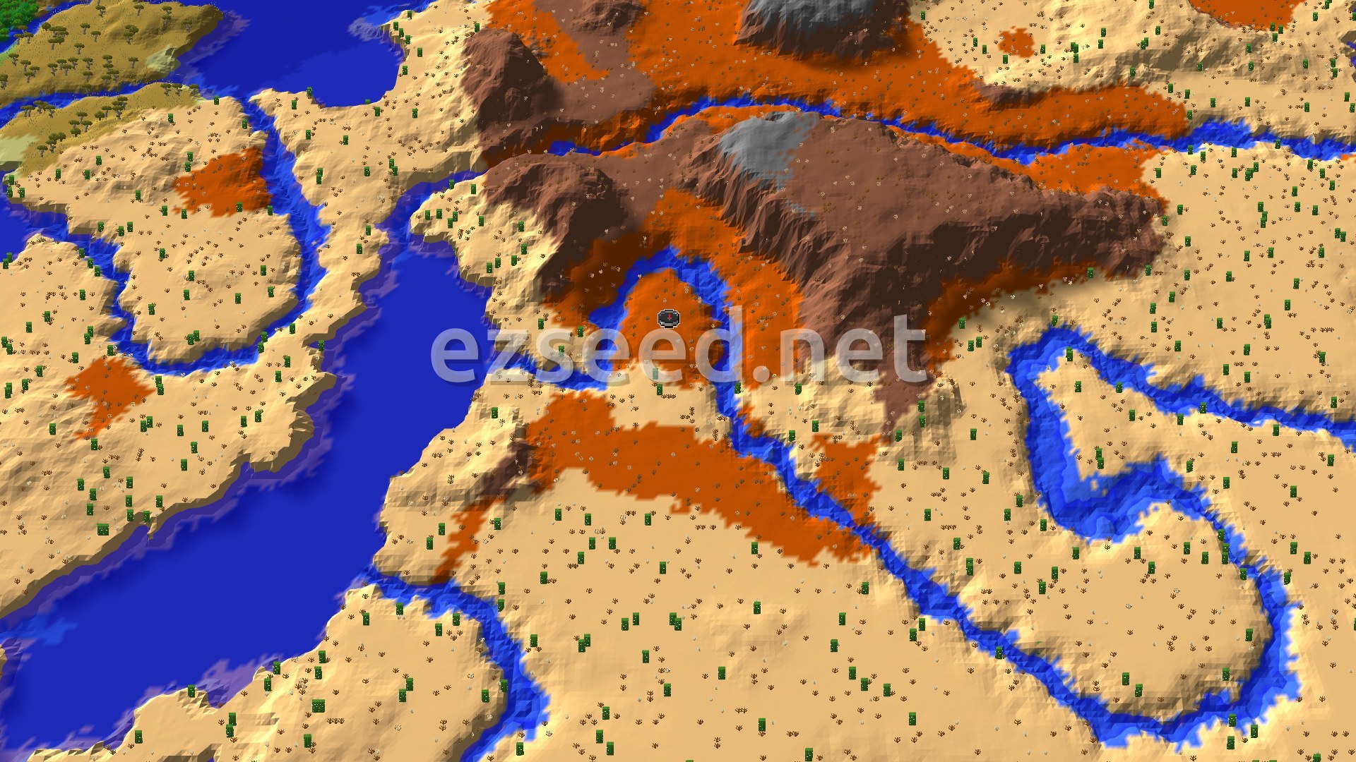 Aerial Minecraft seed map — Eroded Badlands Spawn with Close Trial Chambers