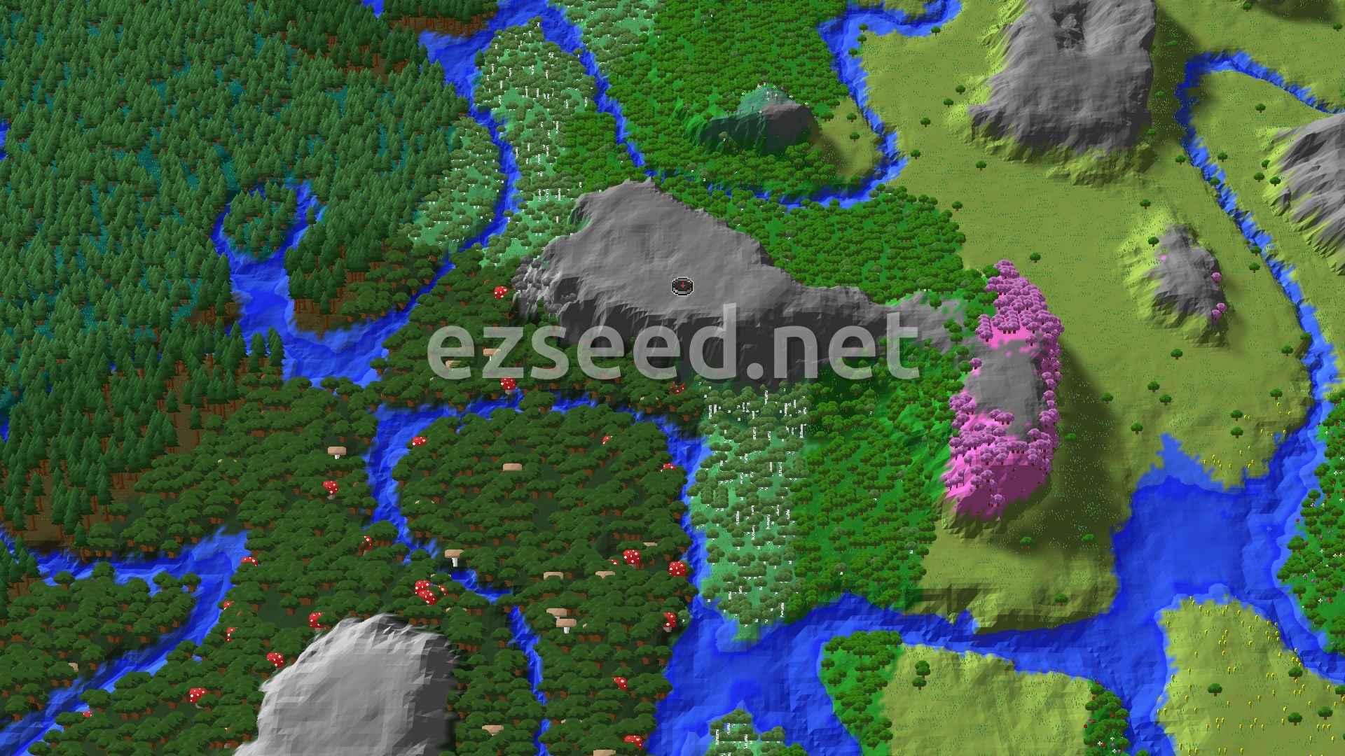 An aerial view shows a dense forest of green trees, cut by winding blue rivers. A large gray mountain is central, with a pink cherry grove to its east. Scattered red mushrooms dot the forest floor.