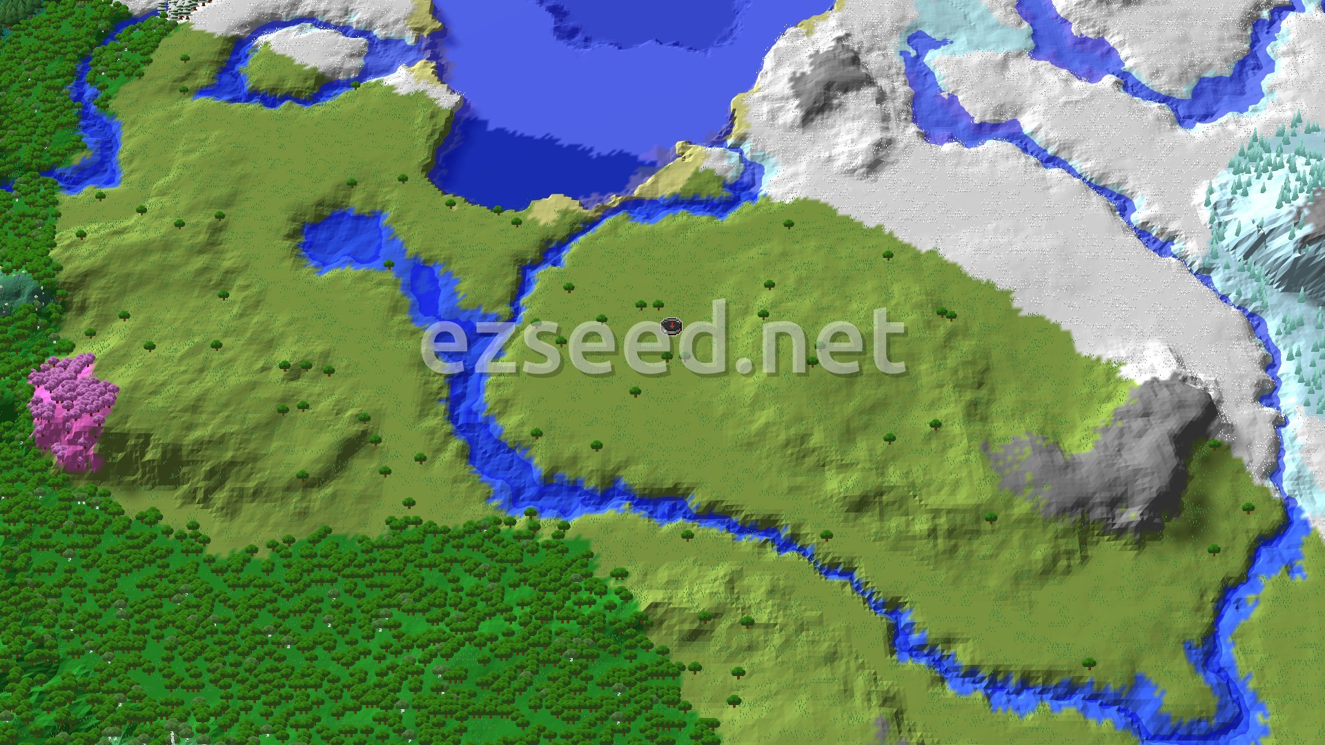 An aerial view of a mostly green, hilly plains biome with scattered trees, a winding blue river, and a large pink cherry grove to the southwest. Snow-capped mountains are visible to the northeast.