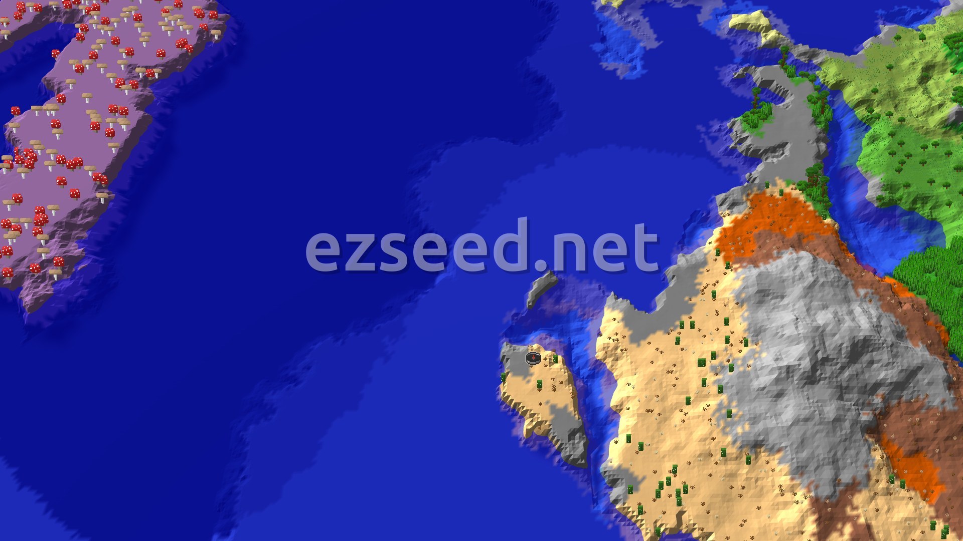 A 3D fly-over of the world showing a large blue ocean, a purple mushroom island, and a sandy desert landmass with stony shores and some green trees.
