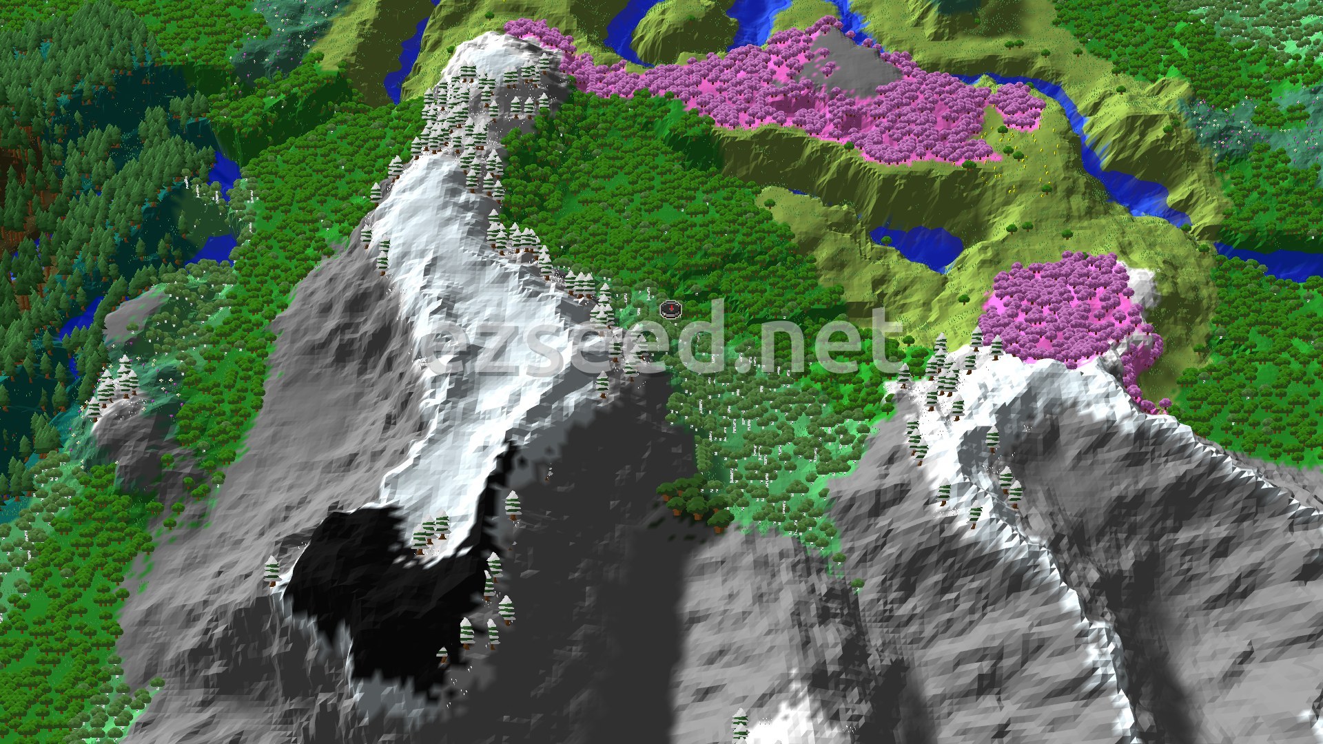 An aerial view of a deep, tree-filled valley with a small spawn marker at its center, surrounded by higher forested ground.