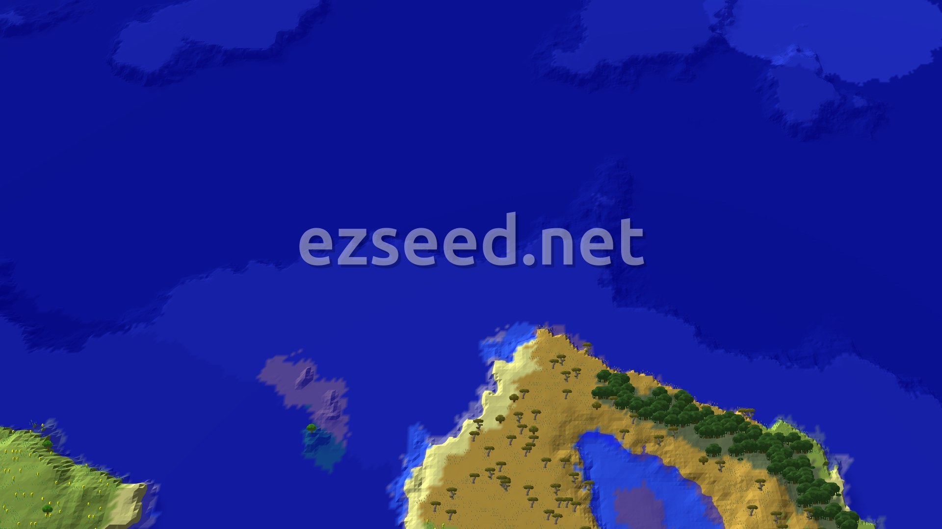 A 3D fly-over shows a mostly flat plains biome at spawn, with a savanna and a dense forest visible across a small body of water.