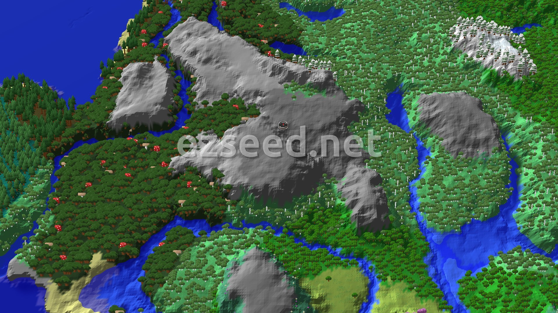 A 3D fly-over of a mountainous, heavily forested landscape with rivers and a small spawn marker in the center. Some snow-capped peaks are visible.